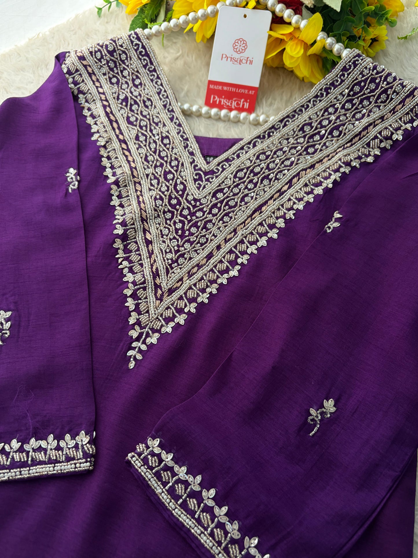 Purple Zardozi Embroidered Kurta Set for Women with Pants & Dupatta | Festive Ethnic wear