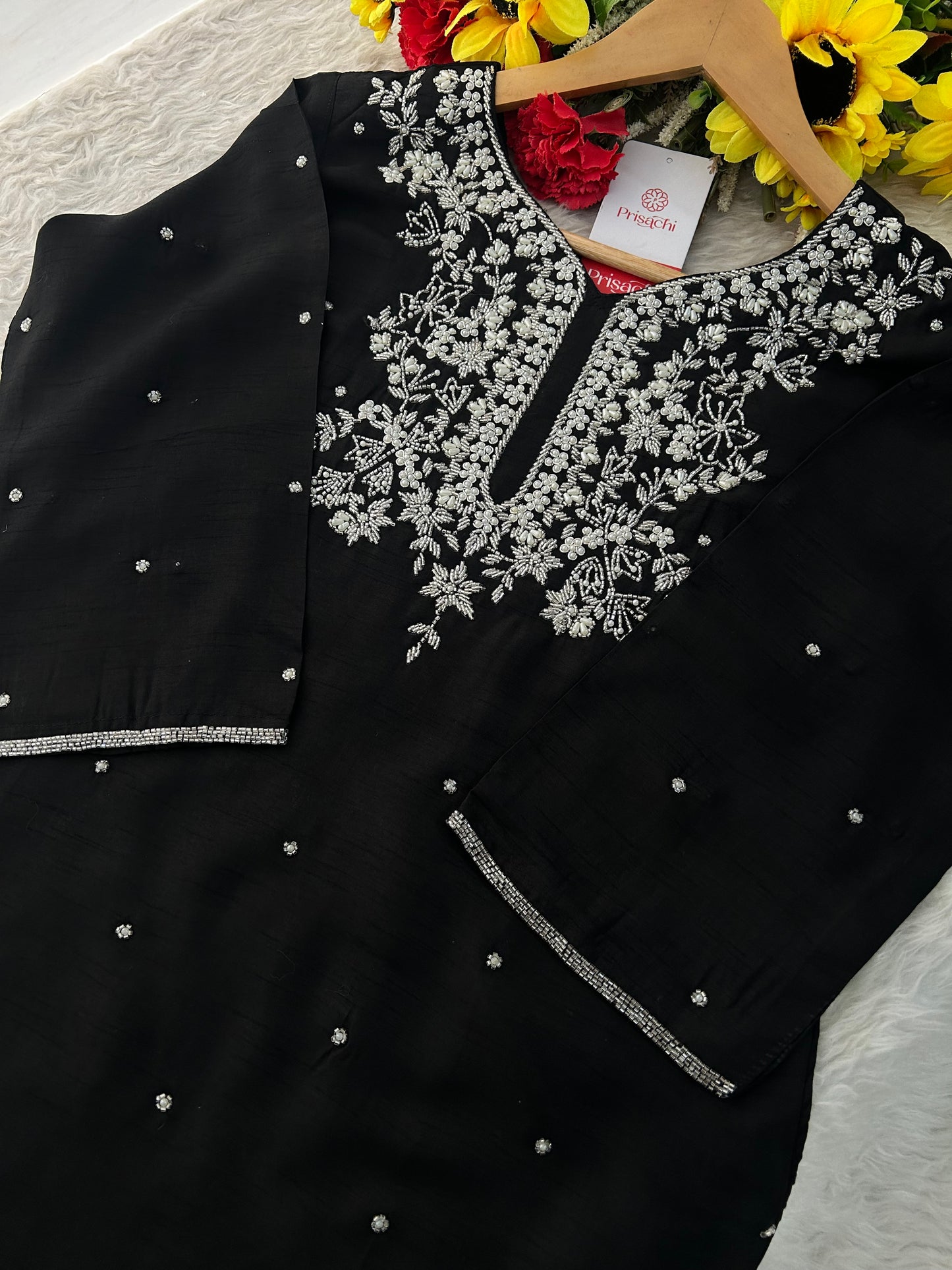 Black Designer Zardozi Embroidered Kurta Set with Pants & Dupatta| Ethnic Festive Wear