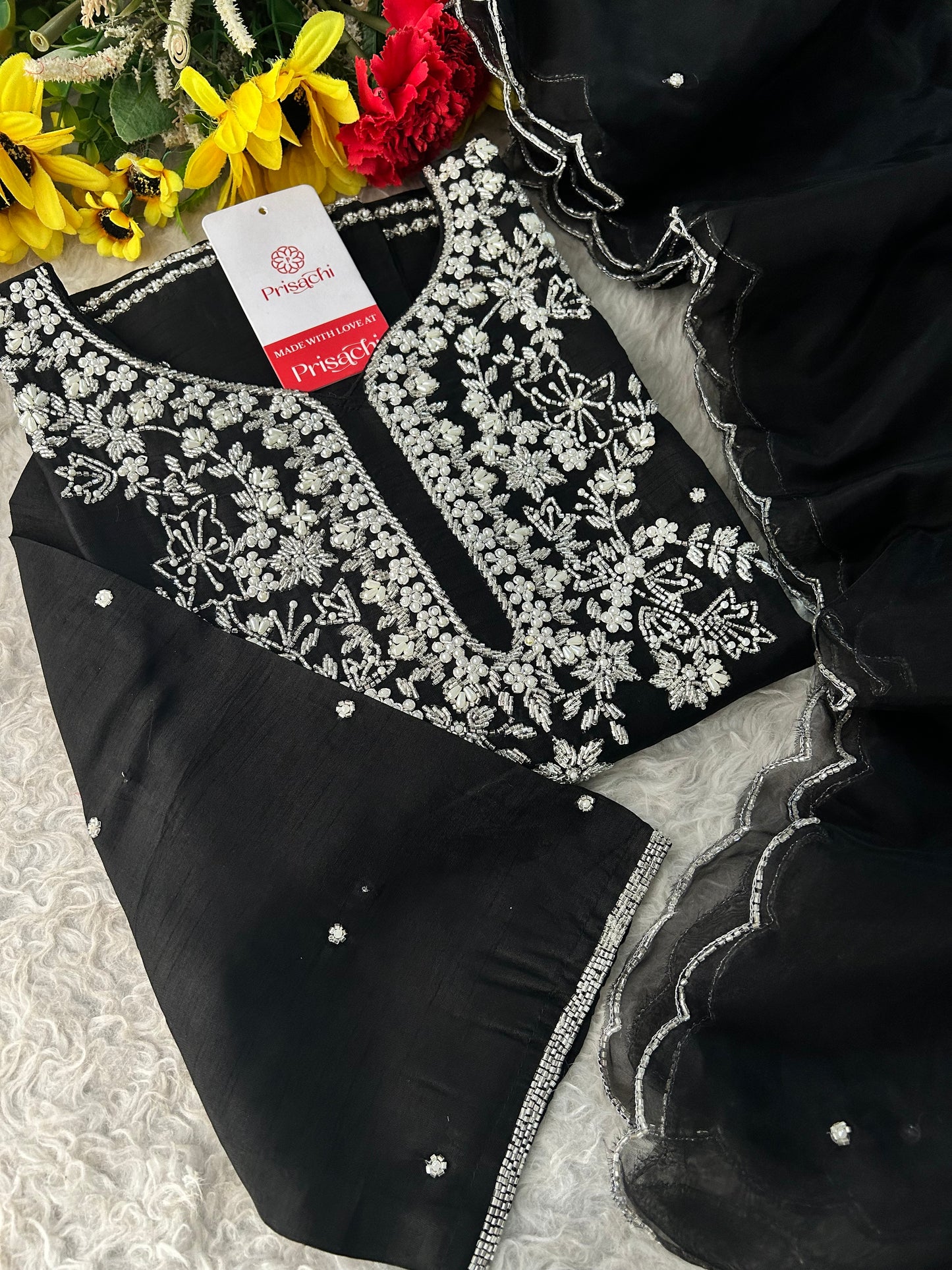 Black Designer Zardozi Embroidered Kurta Set with Pants & Dupatta| Ethnic Festive Wear