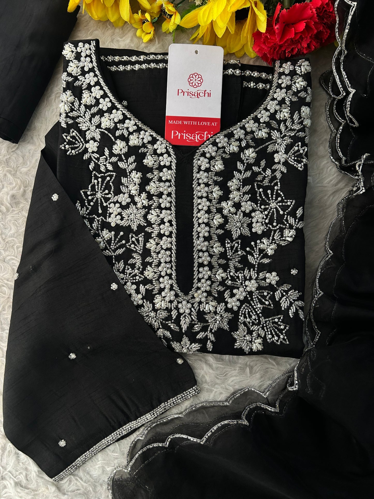 Black Designer Zardozi Embroidered Kurta Set with Pants & Dupatta| Ethnic Festive Wear