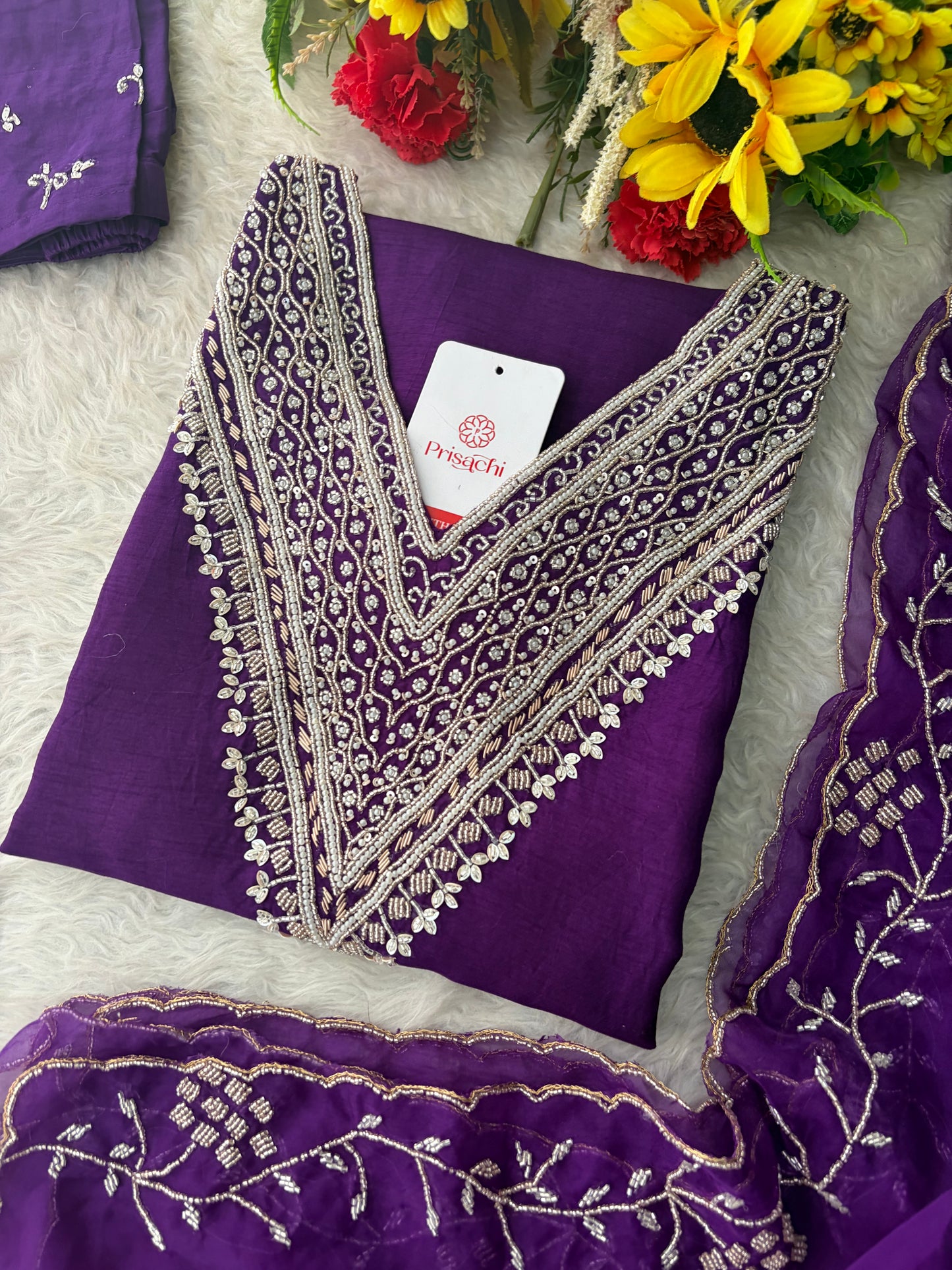 Purple Zardozi Embroidered Kurta Set for Women with Pants & Dupatta | Festive Ethnic wear