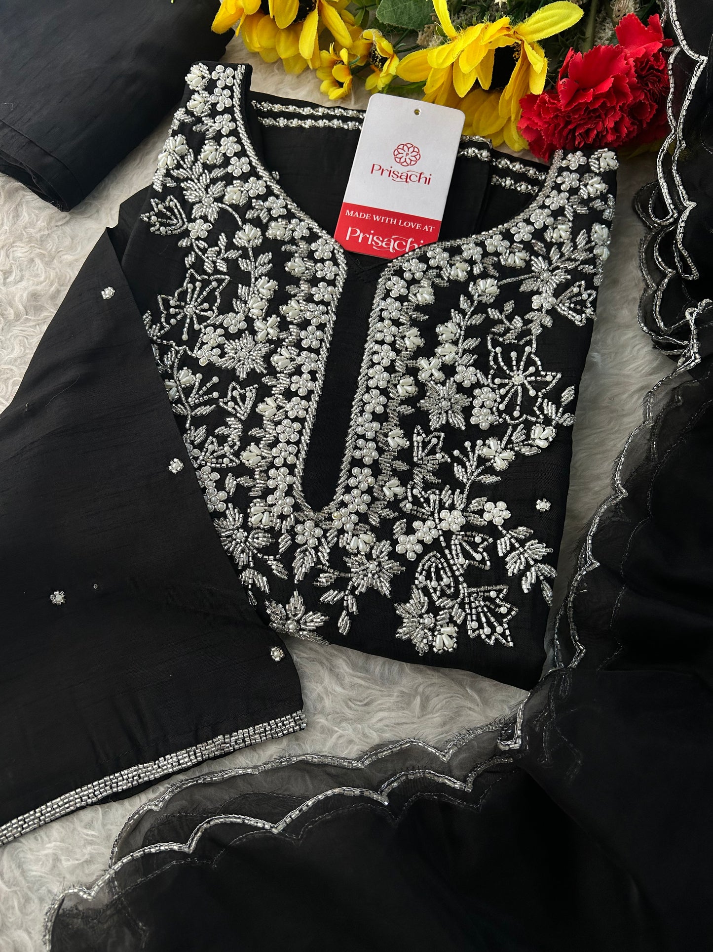Black Designer Zardozi Embroidered Kurta Set with Pants & Dupatta| Ethnic Festive Wear