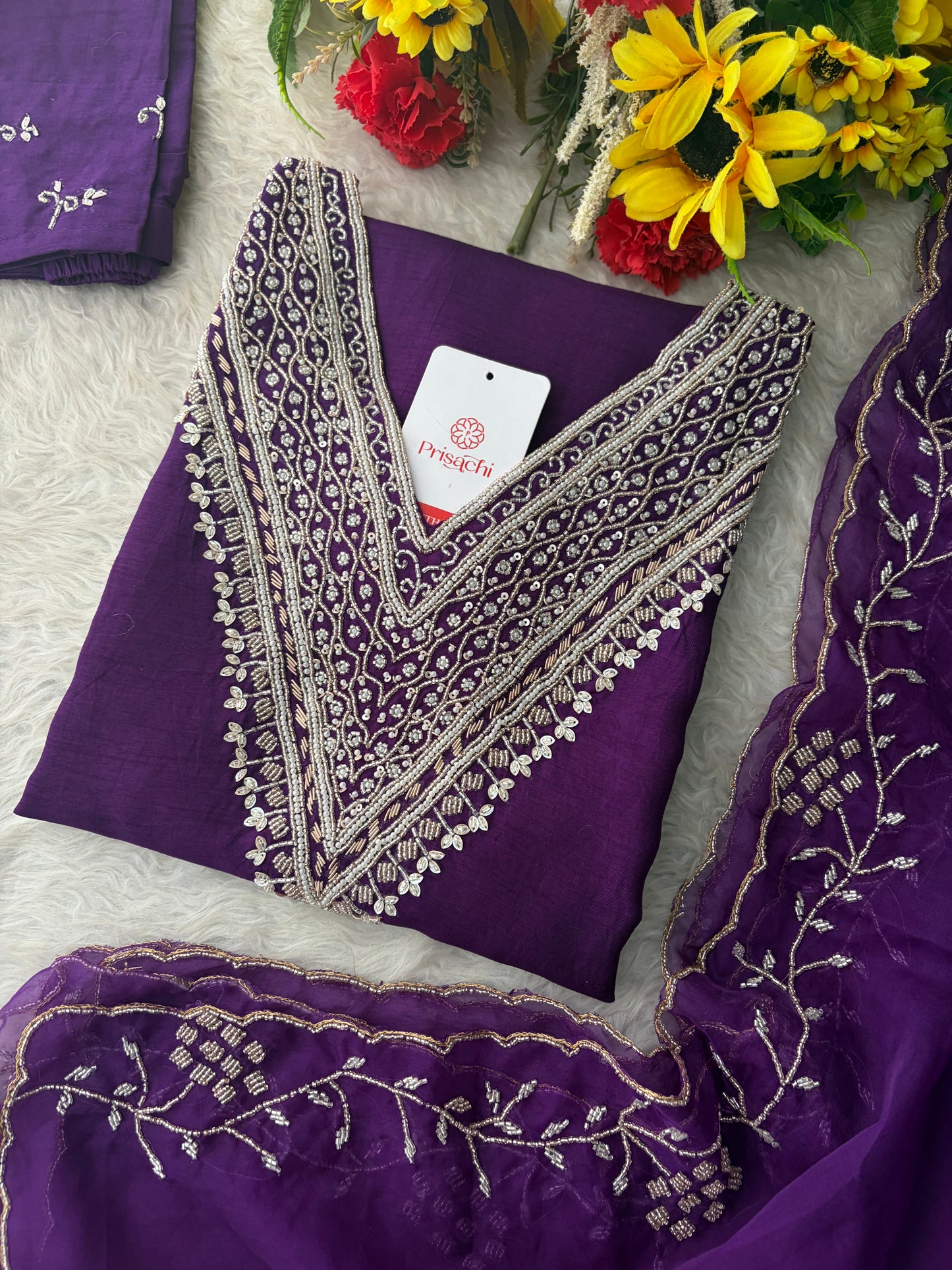 Purple Zardozi Embroidered Kurta Set for Women with Pants & Dupatta | Festive Ethnic wear
