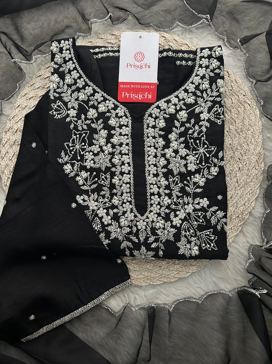 Black Designer Zardozi Embroidered Kurta Set with Pants & Dupatta| Ethnic Festive Wear