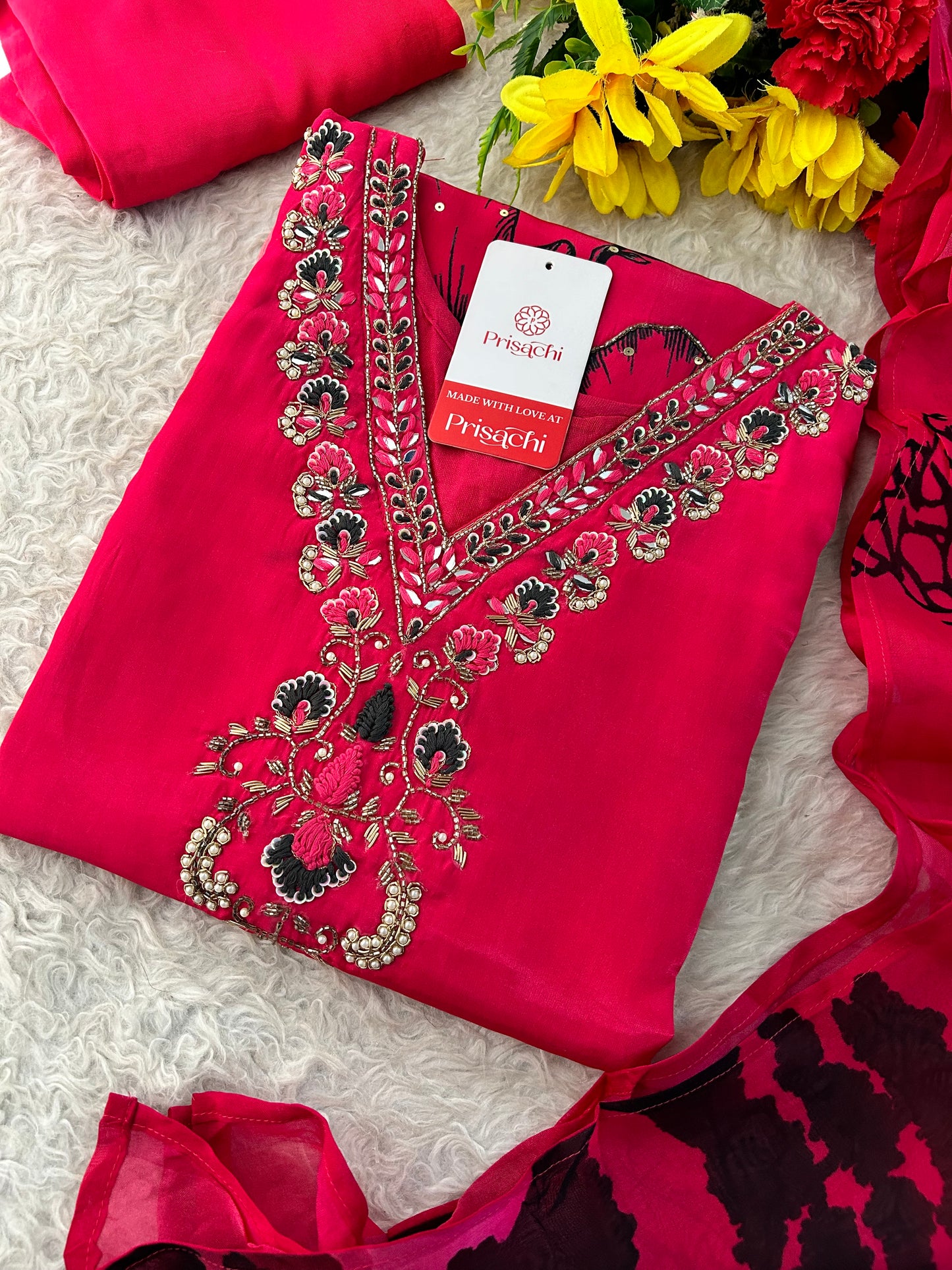 Pink Floral Printed Embroidered Kurta Set with Pants & Dupatta for Women | Designer Ethnic Suit