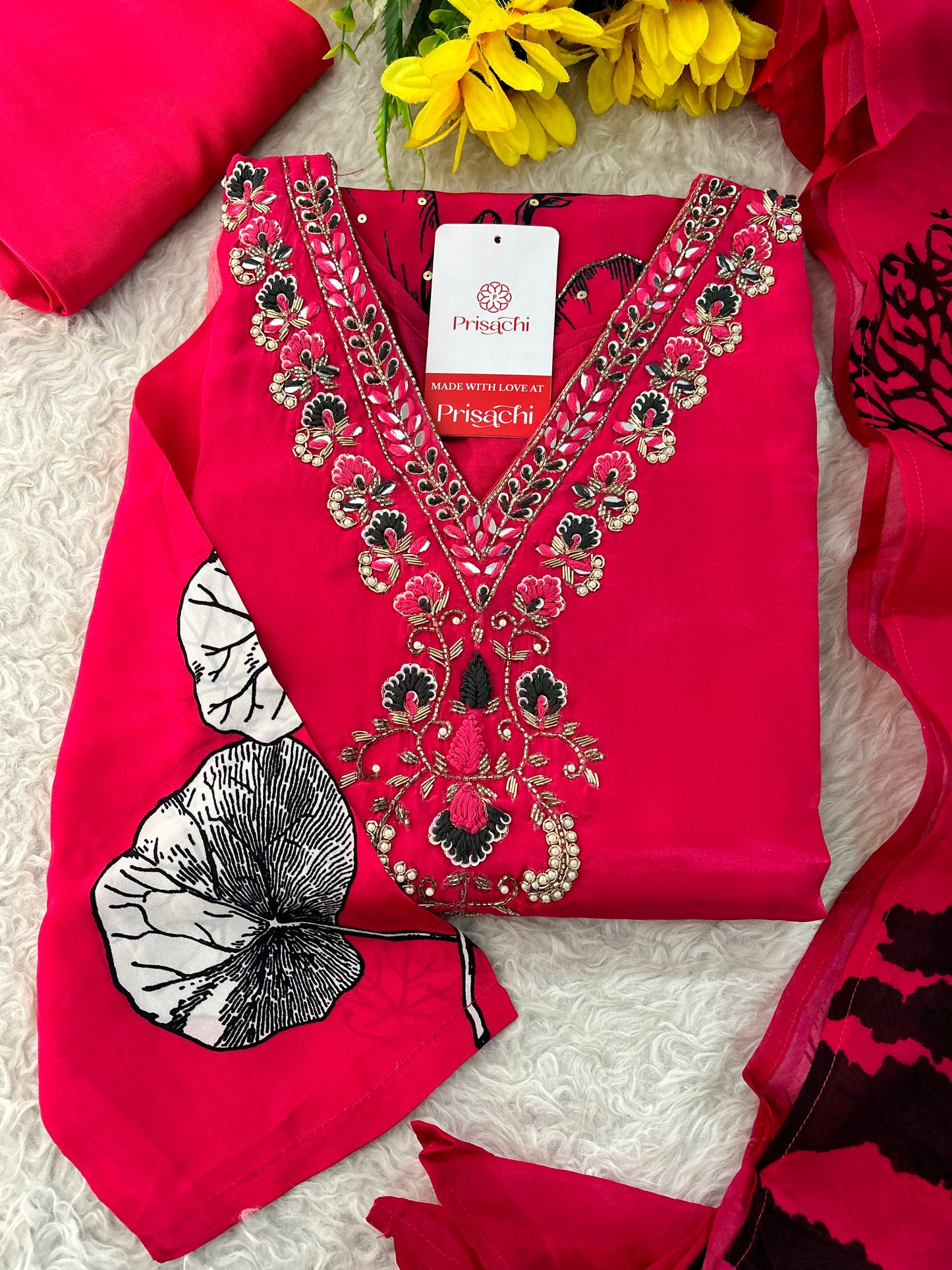 Pink Floral Printed Embroidered Kurta Set with Pants & Dupatta for Women | Designer Ethnic Suit