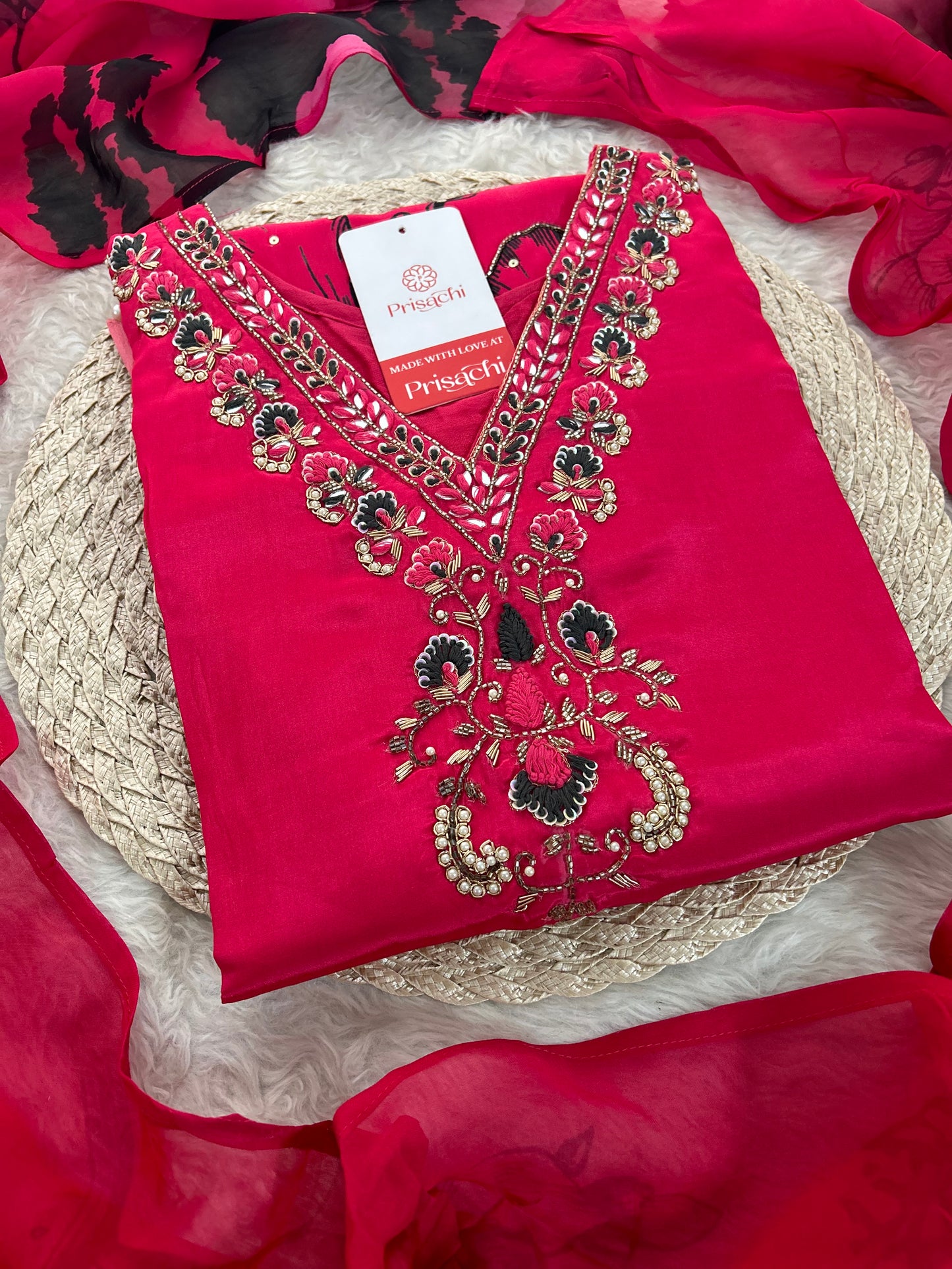 Pink Floral Printed Embroidered Kurta Set with Pants & Dupatta for Women | Designer Ethnic Suit