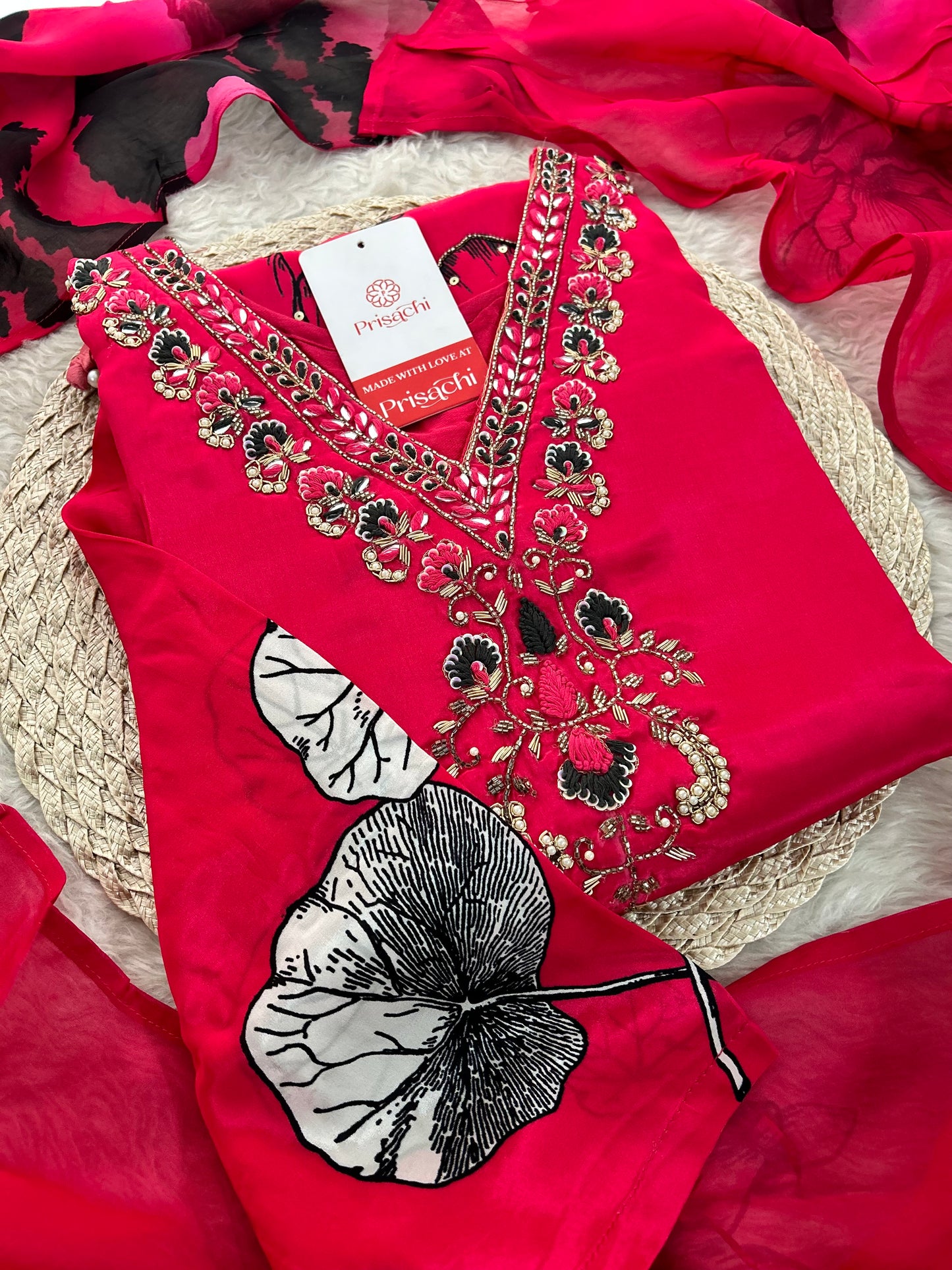 Pink Floral Printed Embroidered Kurta Set with Pants & Dupatta for Women | Designer Ethnic Suit