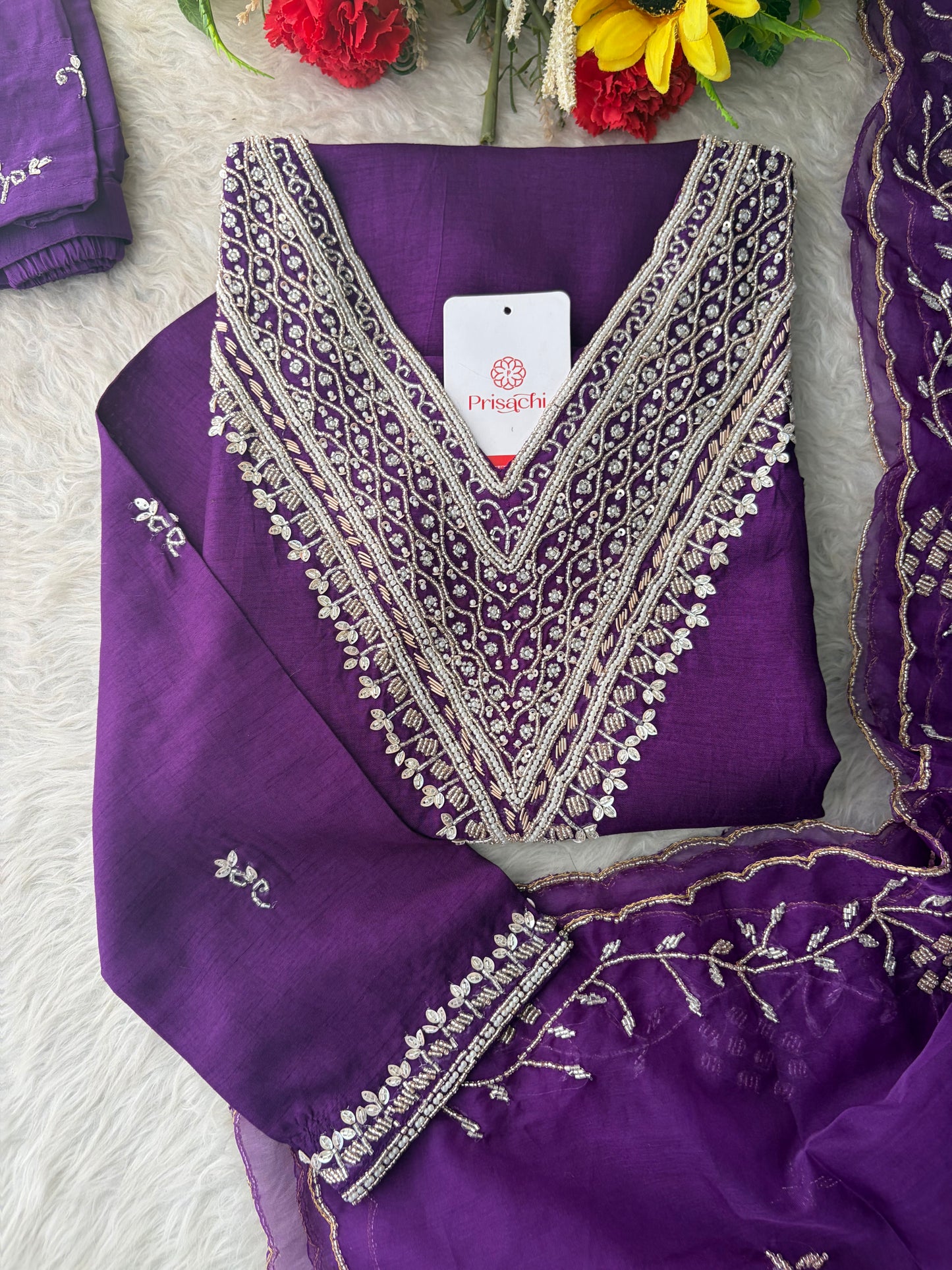 Purple Zardozi Embroidered Kurta Set for Women with Pants & Dupatta | Festive Ethnic wear