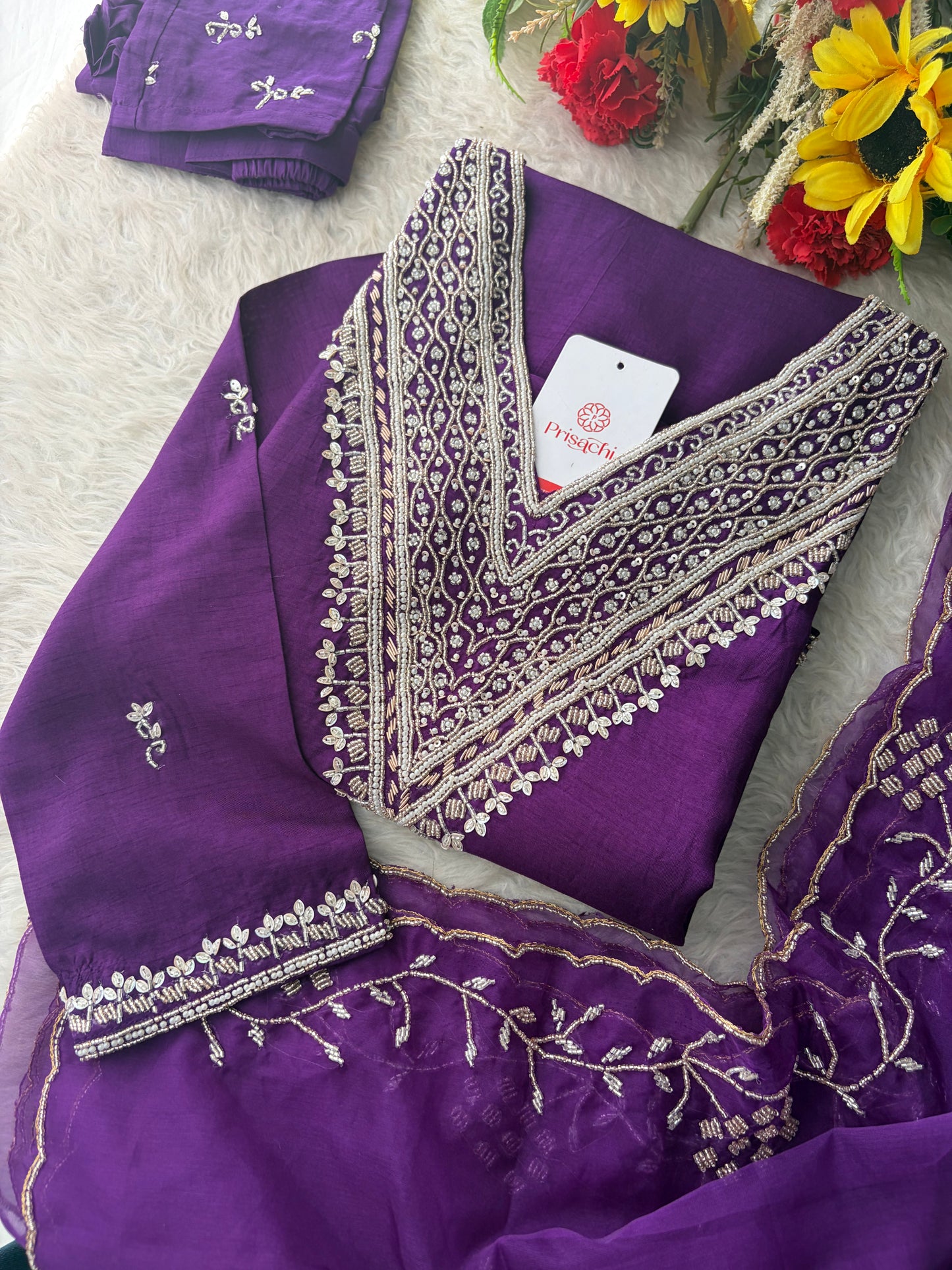 Purple Zardozi Embroidered Kurta Set for Women with Pants & Dupatta | Festive Ethnic wear