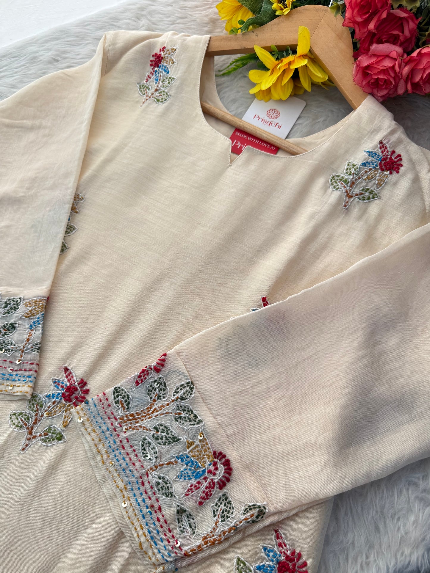 White Designer Ethnic Thread Embroidered Kurta Set with Dupatta and Pants - Prisachi Official