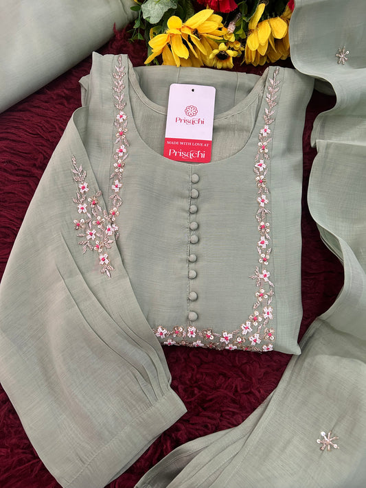 Pista Green Designer Embroidered A-Line Ethnic Kurta Set with Dupatta & Pants