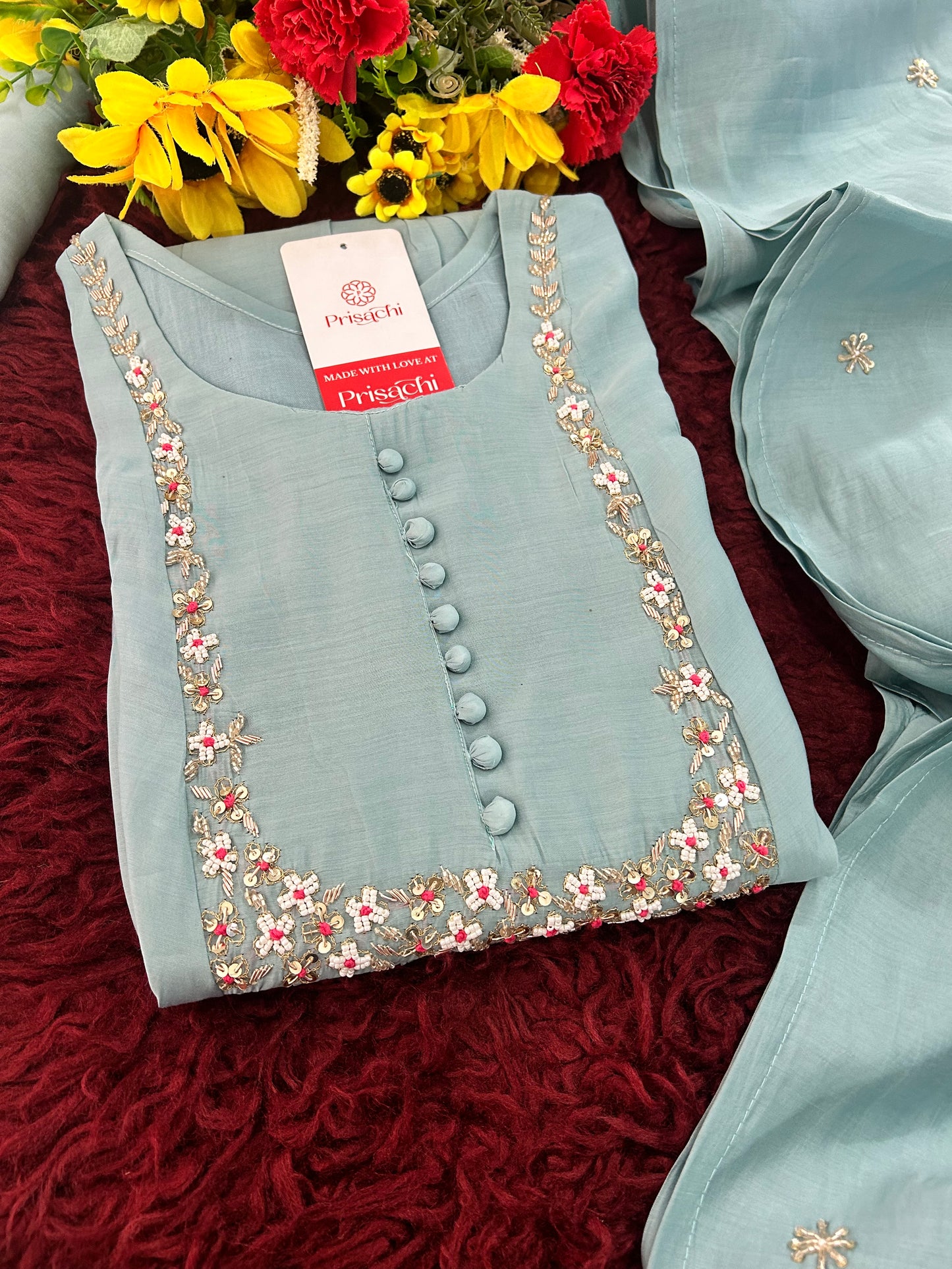 Designer Embroidered A-Line Ethnic Kurta Set with Dupatta & Pants