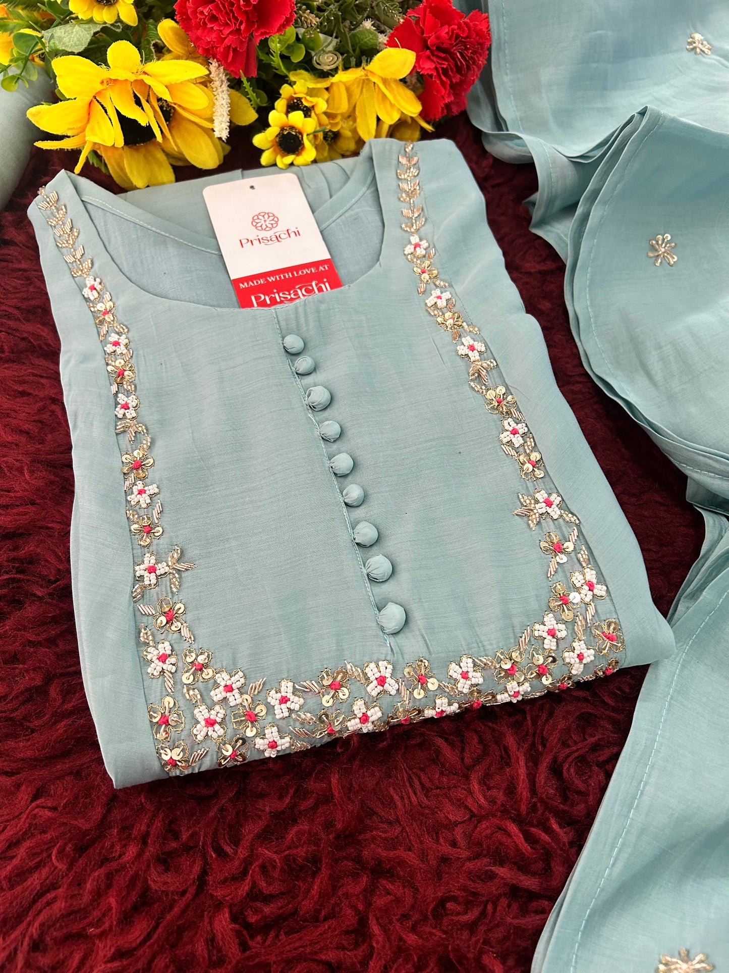 Designer Embroidered A-Line Ethnic Kurta Set with Dupatta & Pants