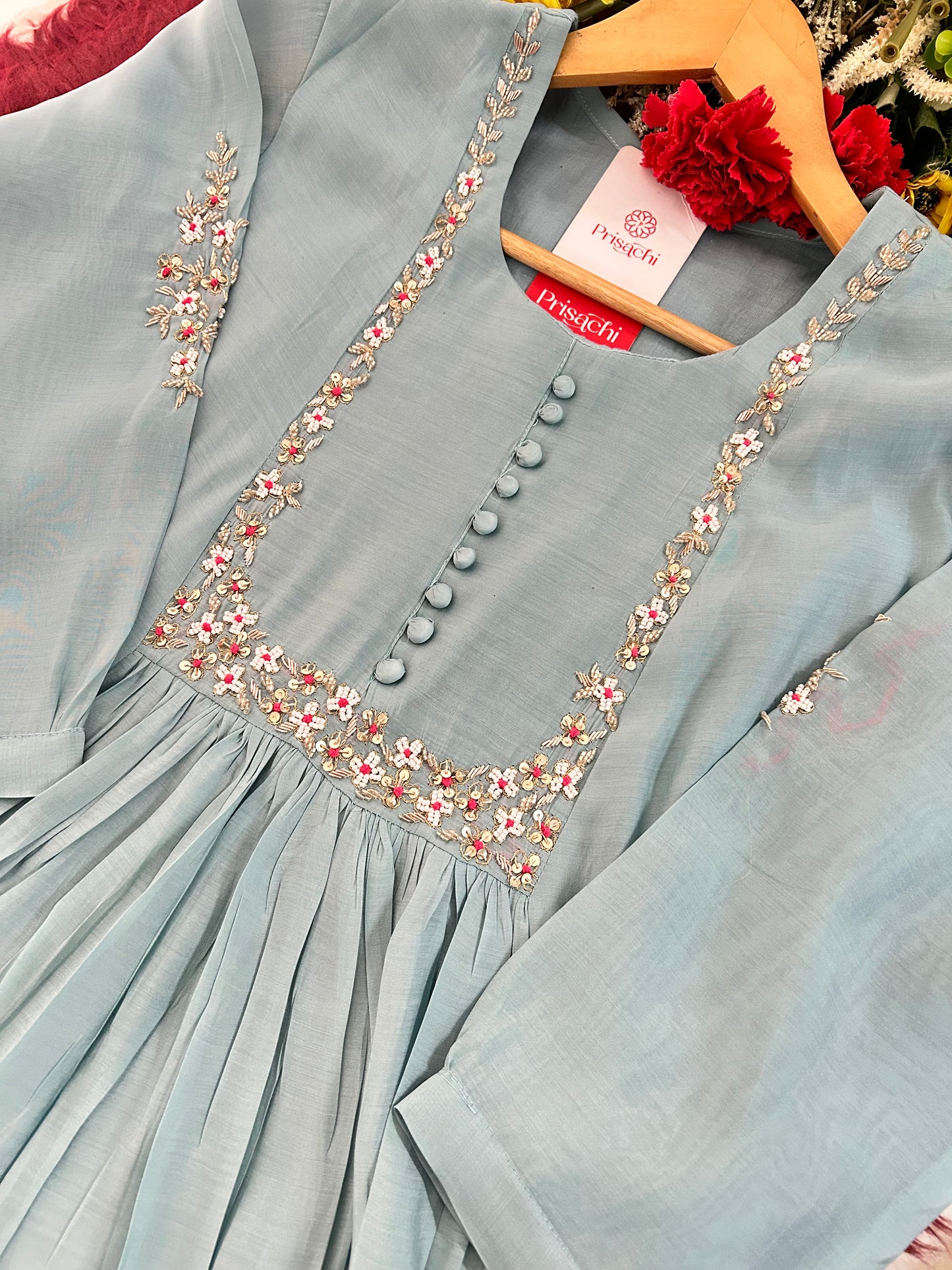 Designer Embroidered A-Line Ethnic Kurta Set with Dupatta & Pants