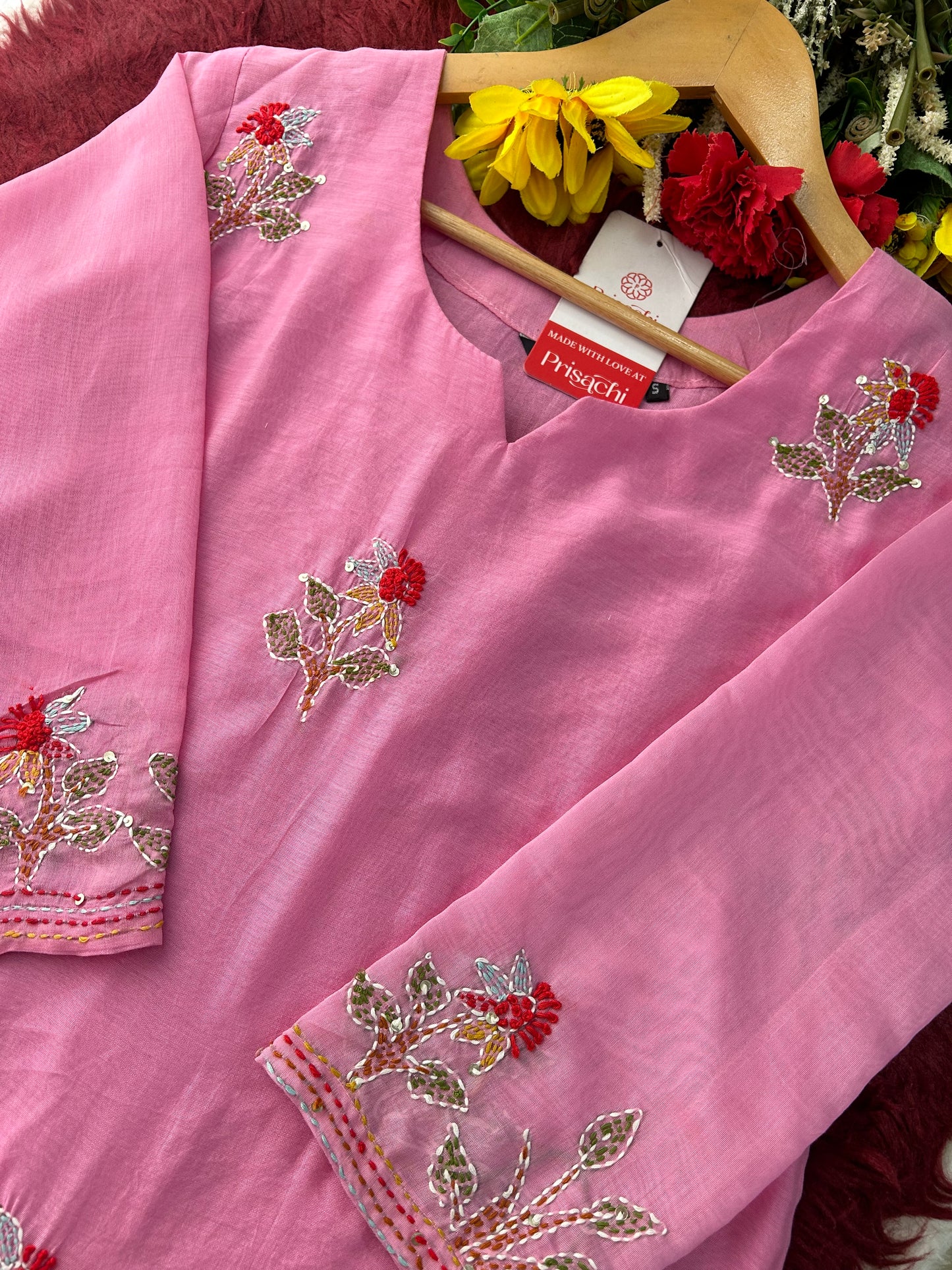 Pink Designer Ethnic A-Line Thread Embroidered Kurta Set with Dupatta and Pants
