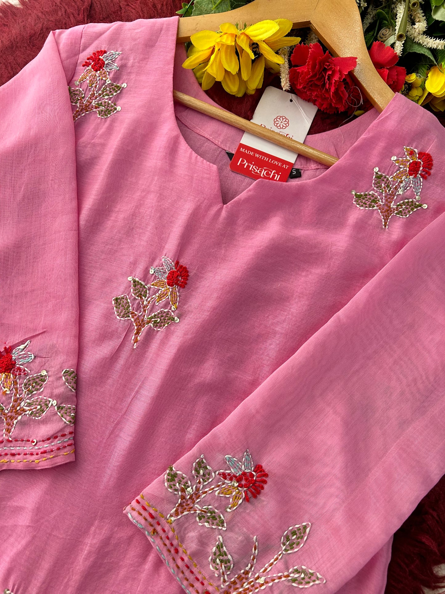 Pink Designer Ethnic A-Line Thread Embroidered Kurta Set with Dupatta and Pants