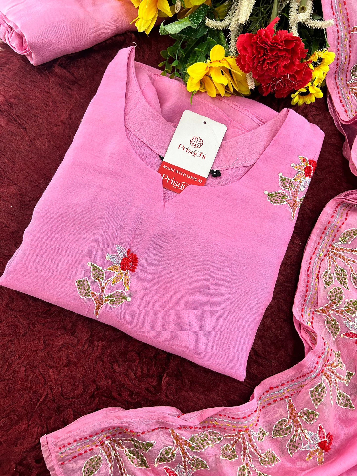 Pink Designer Ethnic A-Line Thread Embroidered Kurta Set with Dupatta and Pants