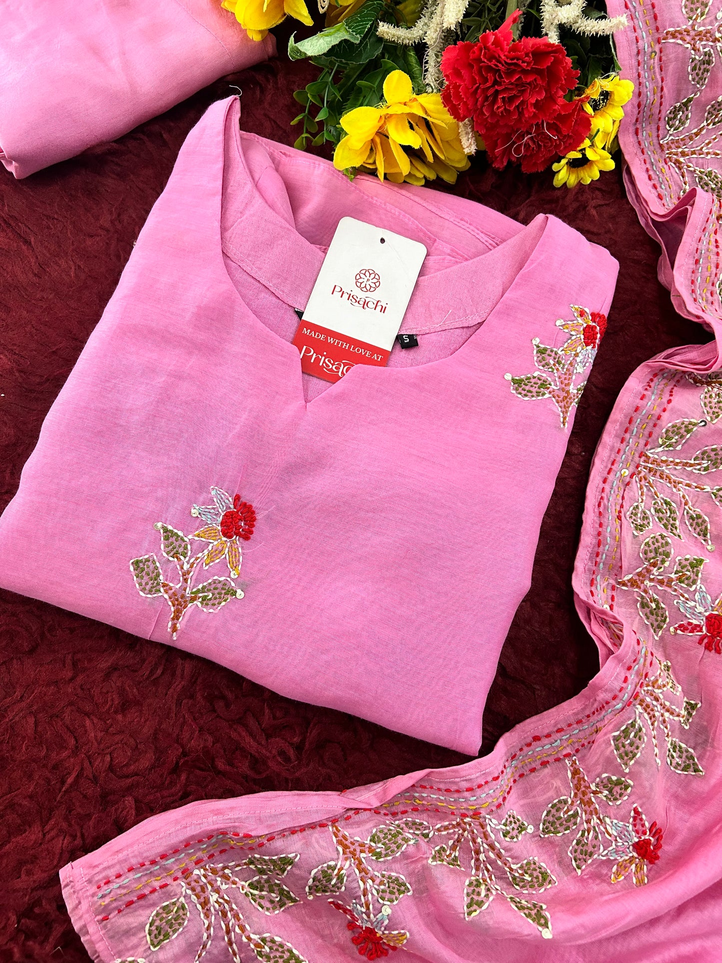Pink Designer Ethnic A-Line Thread Embroidered Kurta Set with Dupatta and Pants