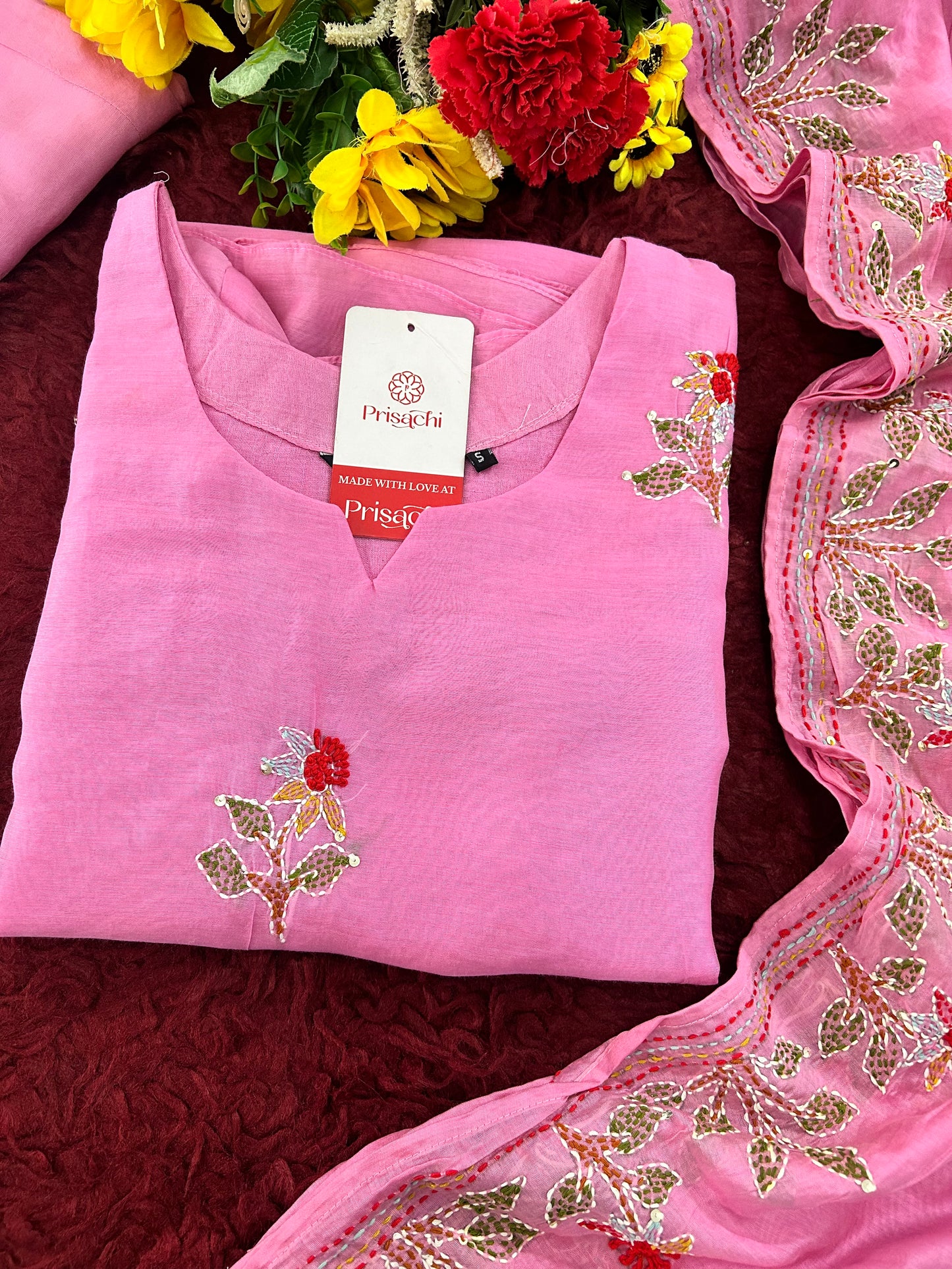 Pink Designer Ethnic A-Line Thread Embroidered Kurta Set with Dupatta and Pants