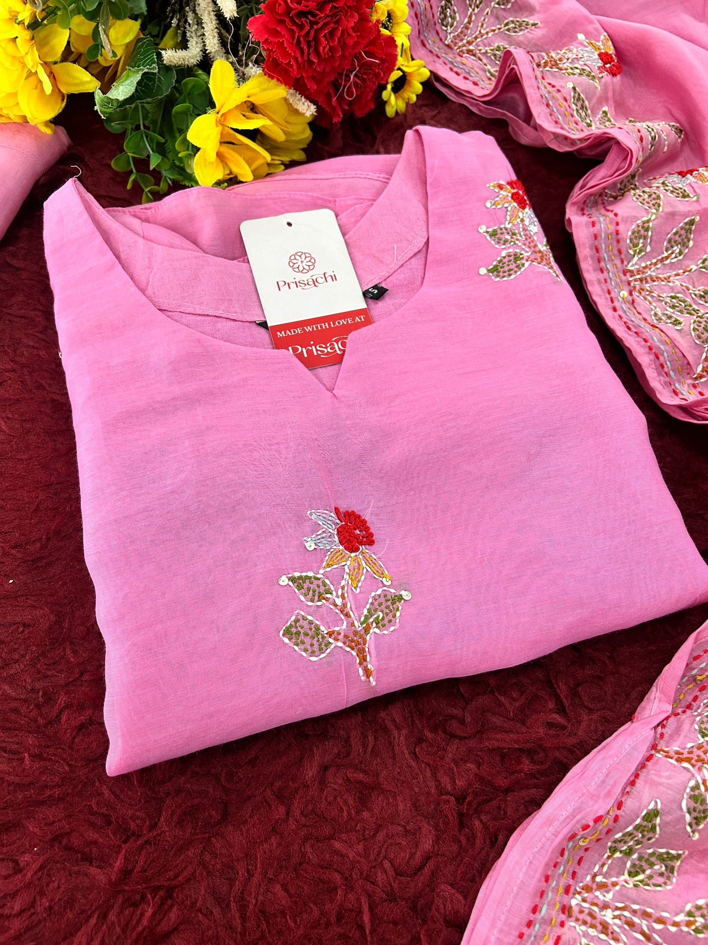 Pink Designer Ethnic A-Line Thread Embroidered Kurta Set with Dupatta and Pants
