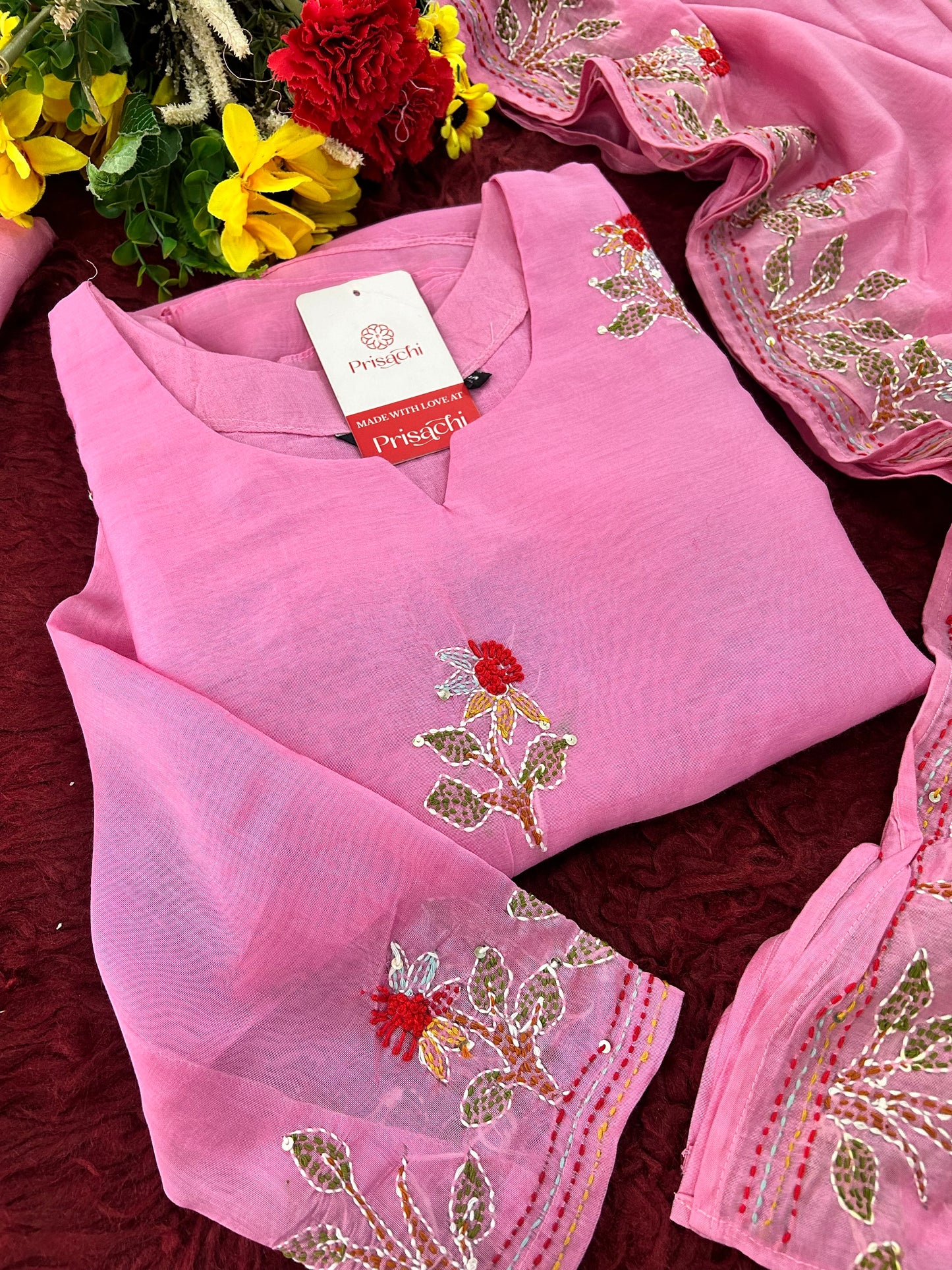 Pink Designer Ethnic A-Line Thread Embroidered Kurta Set with Dupatta and Pants