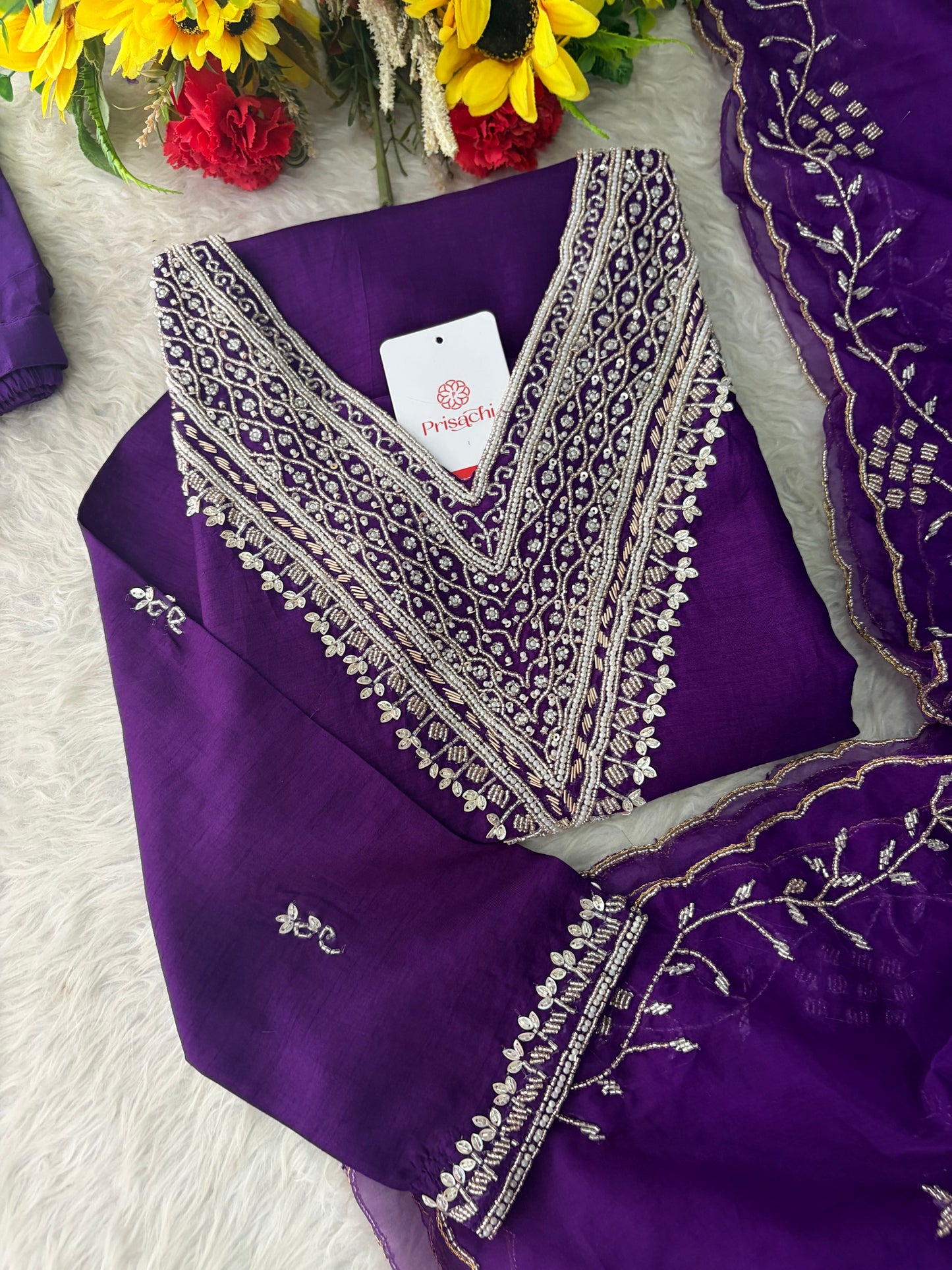 Purple Zardozi Embroidered Kurta Set for Women with Pants & Dupatta | Festive Ethnic wear