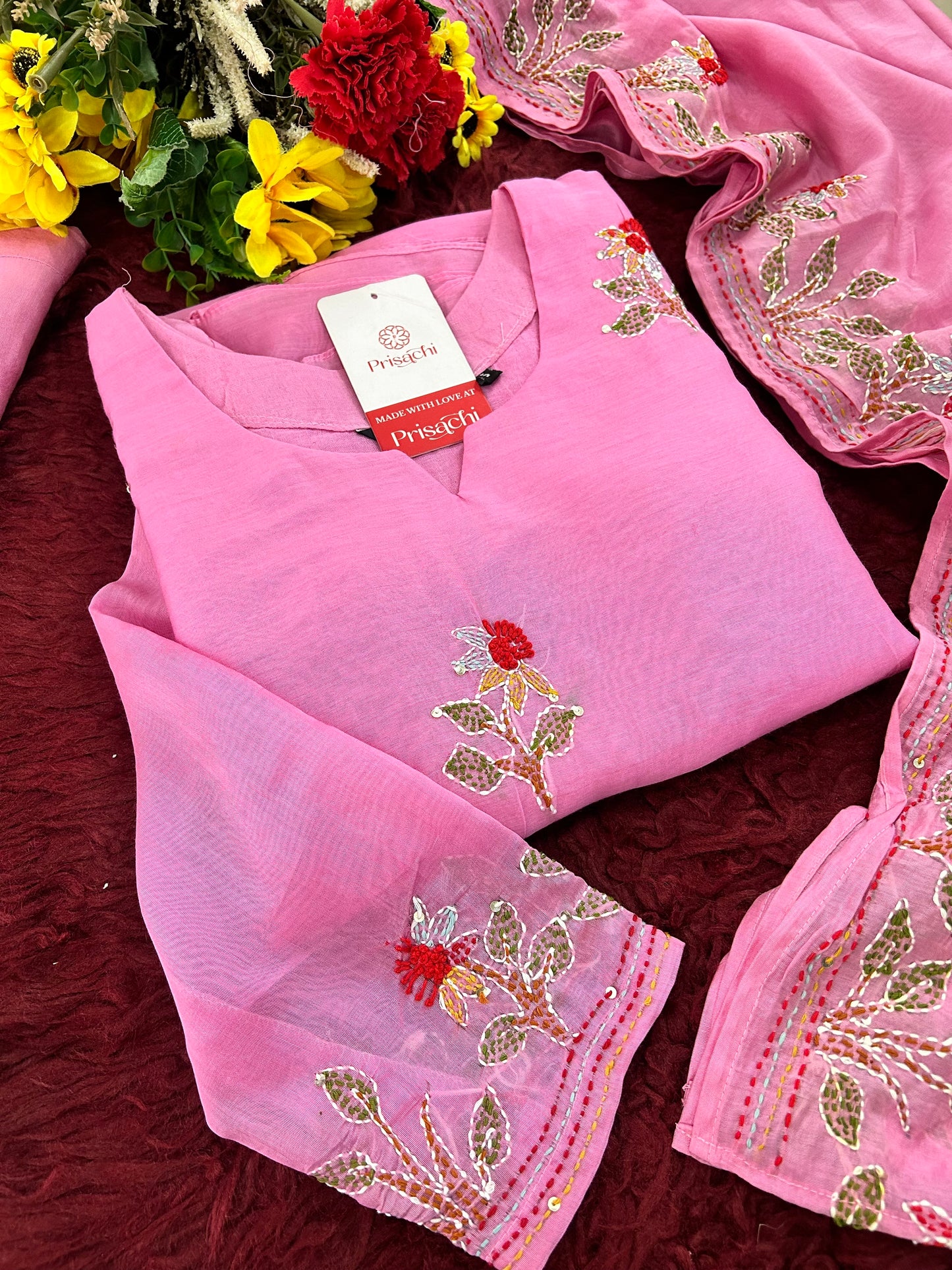 Pink Designer Ethnic A-Line Thread Embroidered Kurta Set with Dupatta and Pants