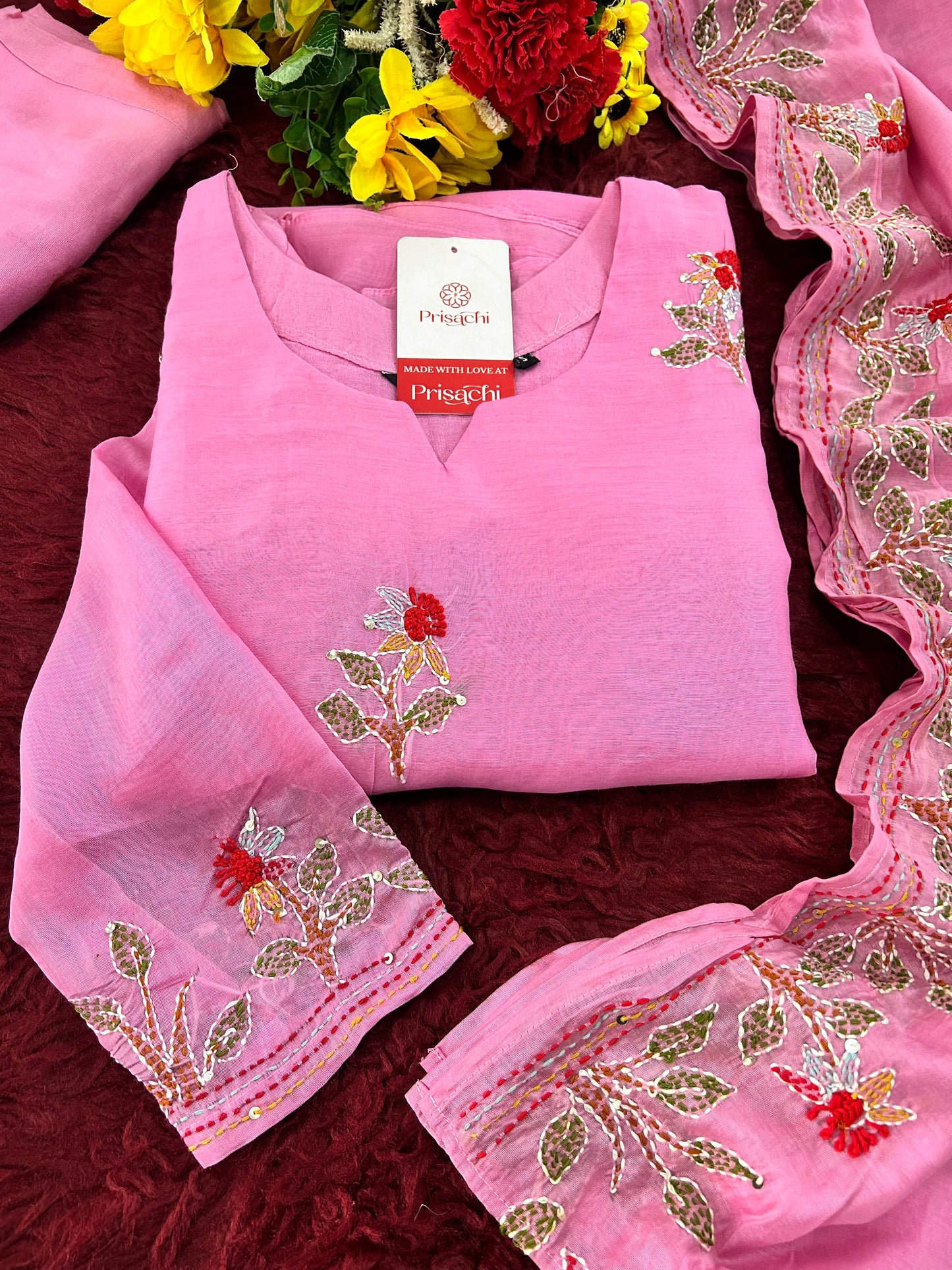 Pink Designer Ethnic A-Line Thread Embroidered Kurta Set with Dupatta and Pants