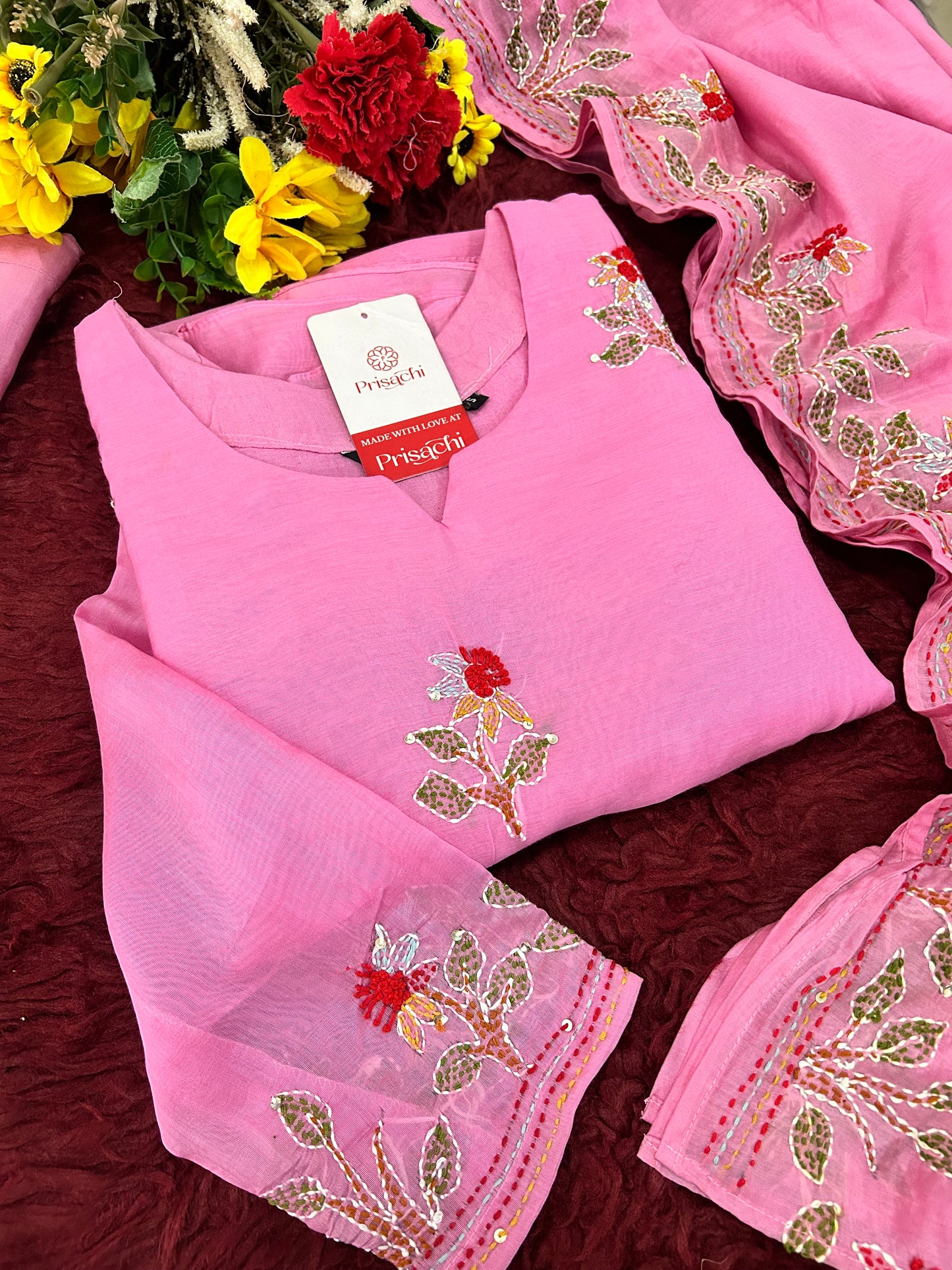 Pink Designer Ethnic A-Line Thread Embroidered Kurta Set with Dupatta and Pants
