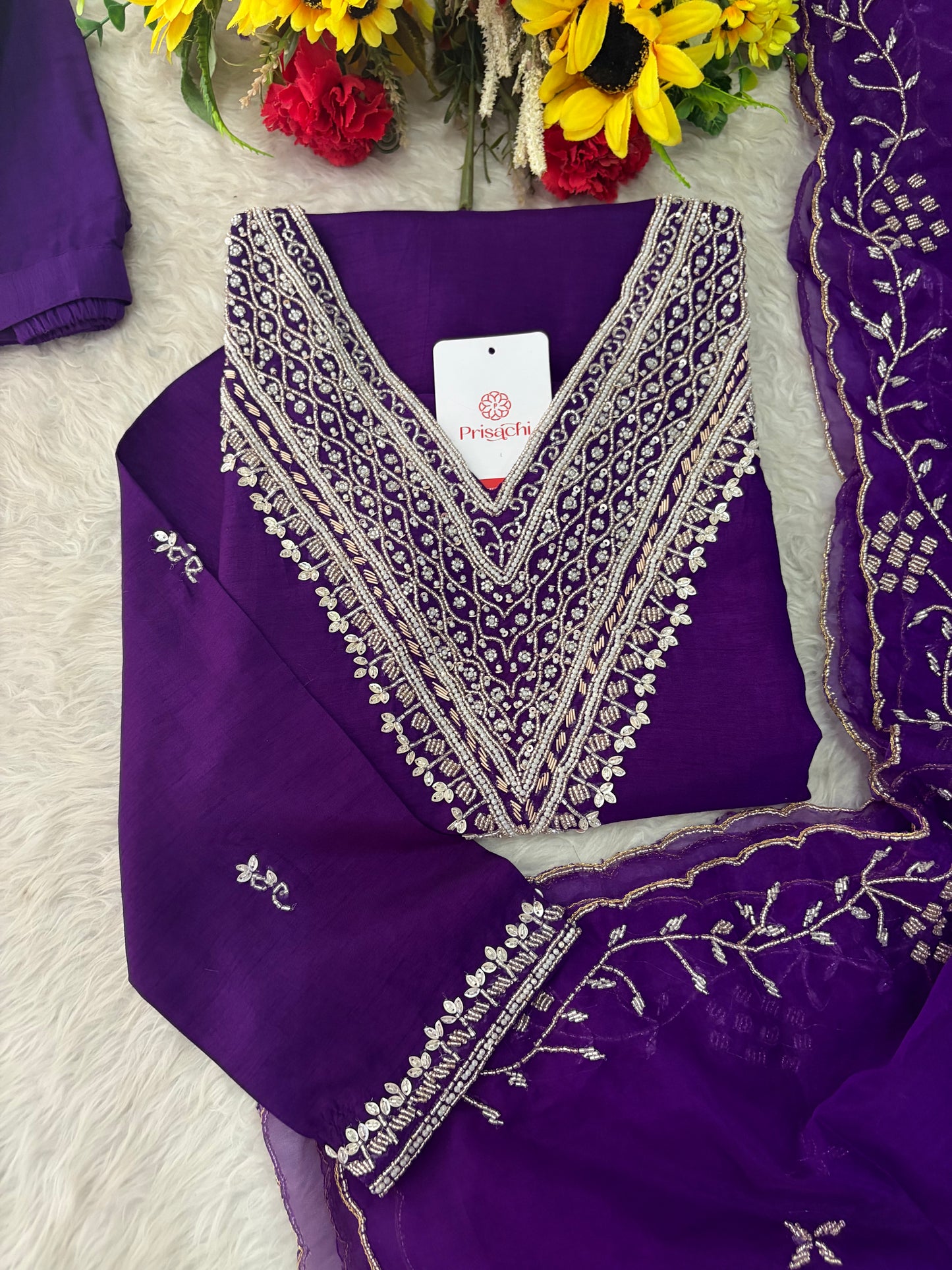 Purple Zardozi Embroidered Kurta Set for Women with Pants & Dupatta | Festive Ethnic wear