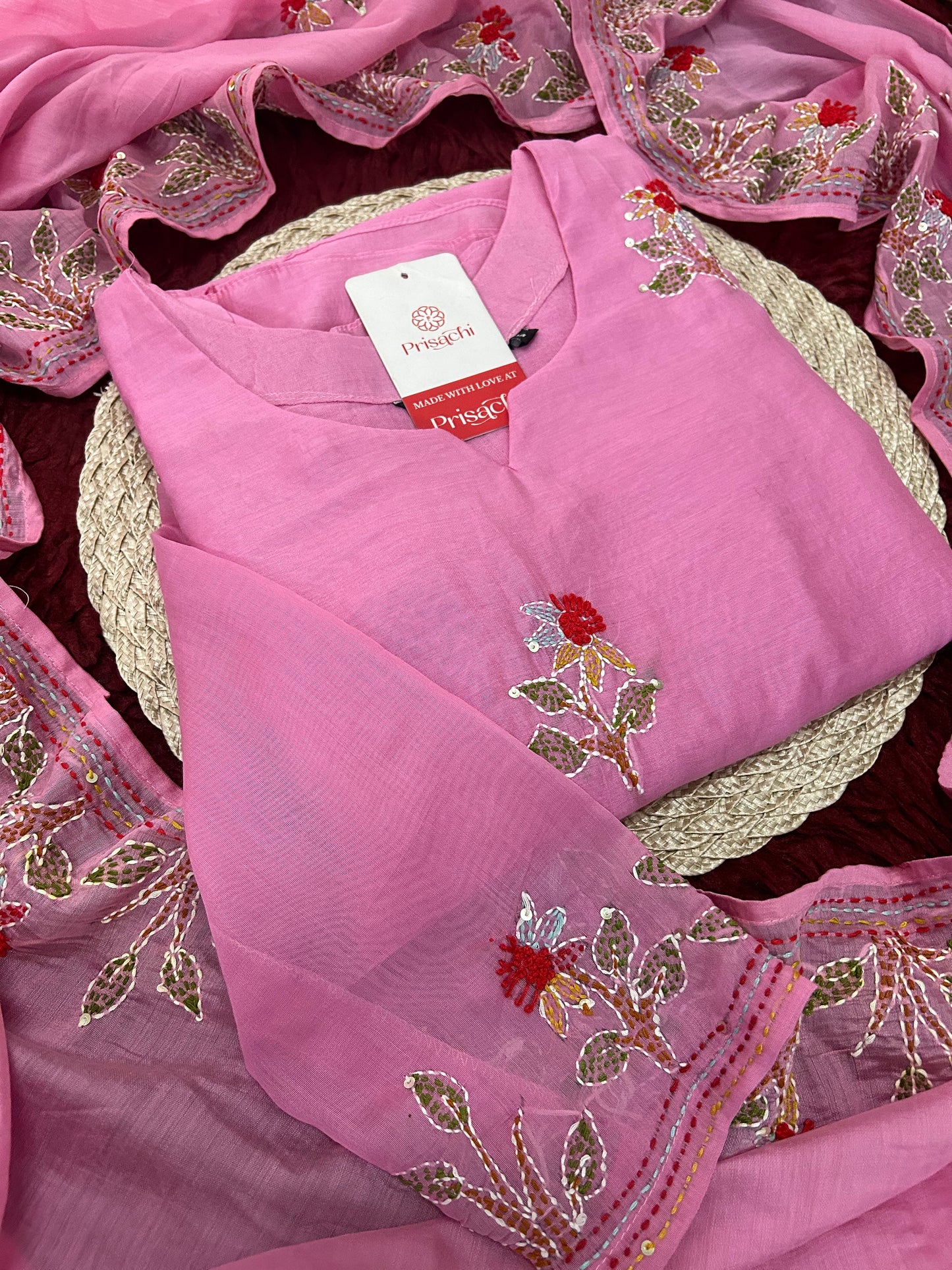 Pink Designer Ethnic A-Line Thread Embroidered Kurta Set with Dupatta and Pants