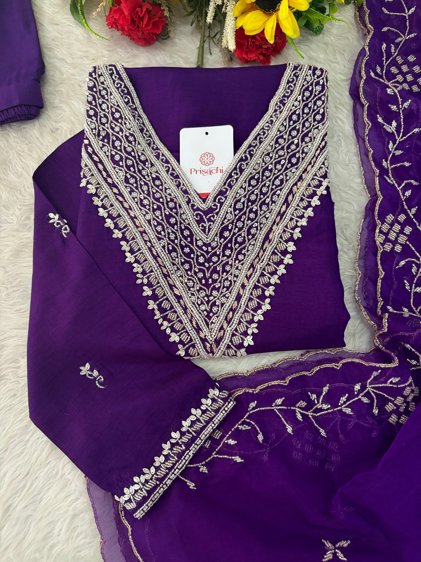 Purple Zardozi Embroidered Kurta Set for Women with Pants & Dupatta | Festive Ethnic wear