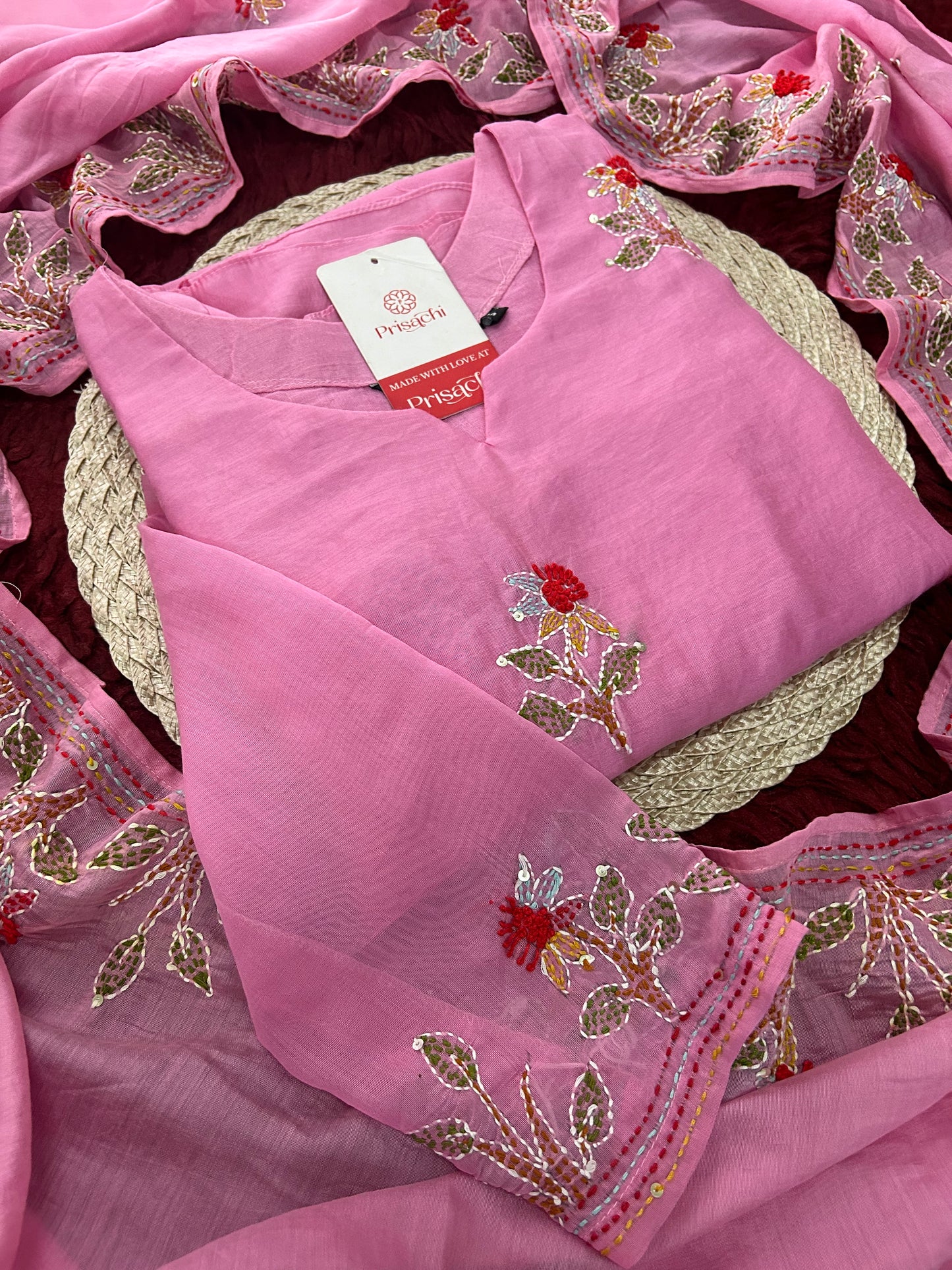 Pink Designer Ethnic A-Line Thread Embroidered Kurta Set with Dupatta and Pants