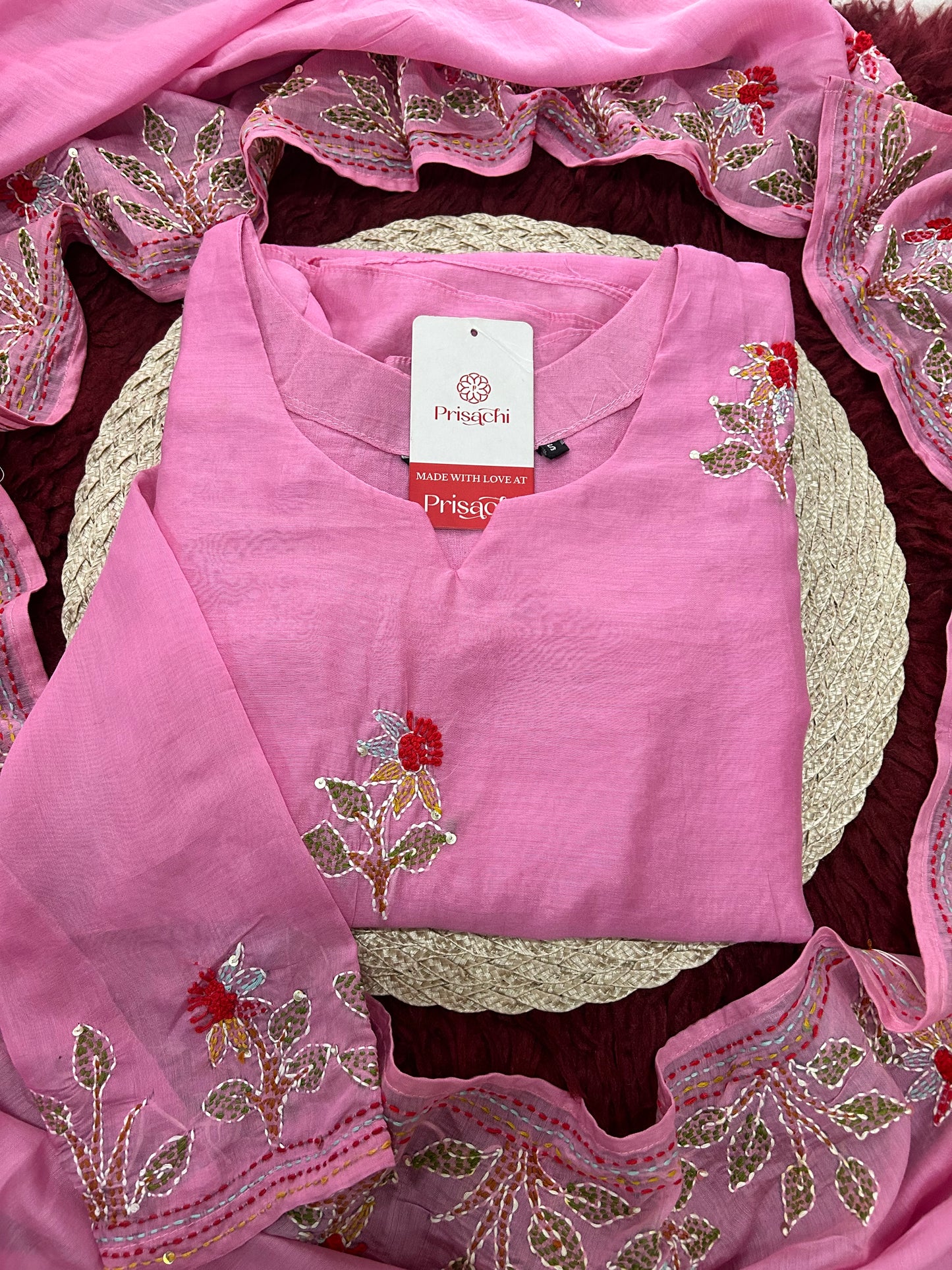 Pink Designer Ethnic A-Line Thread Embroidered Kurta Set with Dupatta and Pants