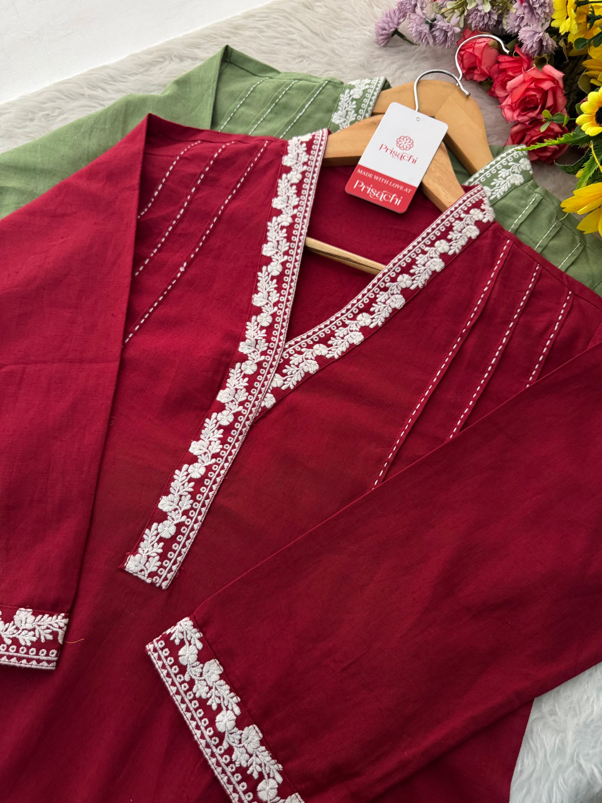 Red Short Straight Thread Embroidered Kurti for Women - Prisachi Official