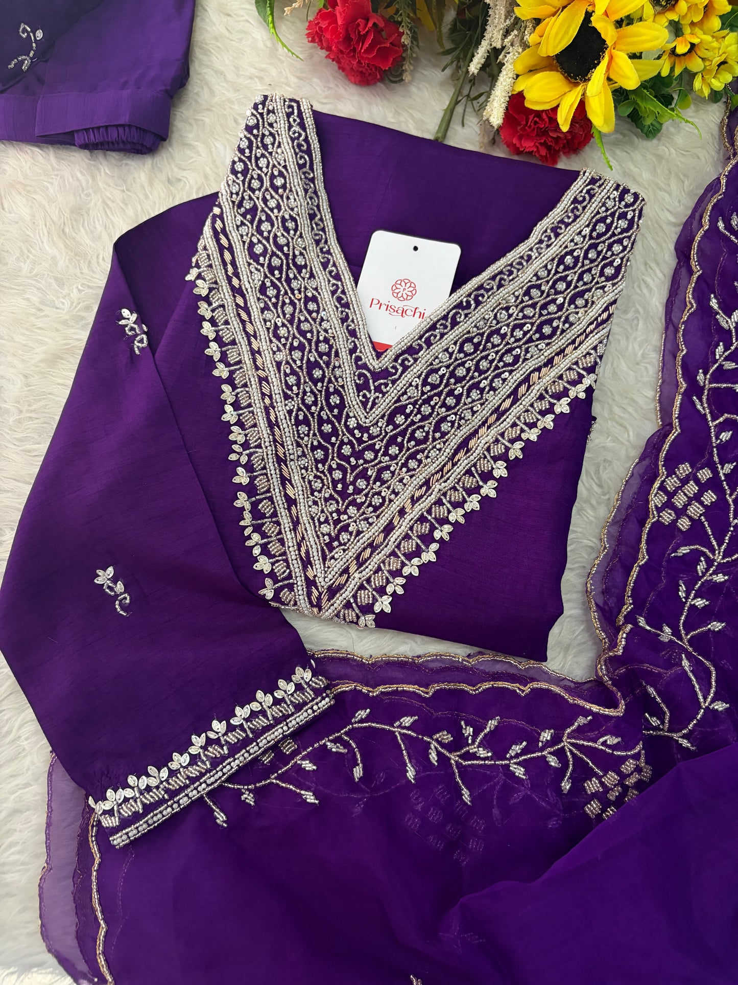 Purple Zardozi Embroidered Kurta Set for Women with Pants & Dupatta | Festive Ethnic wear
