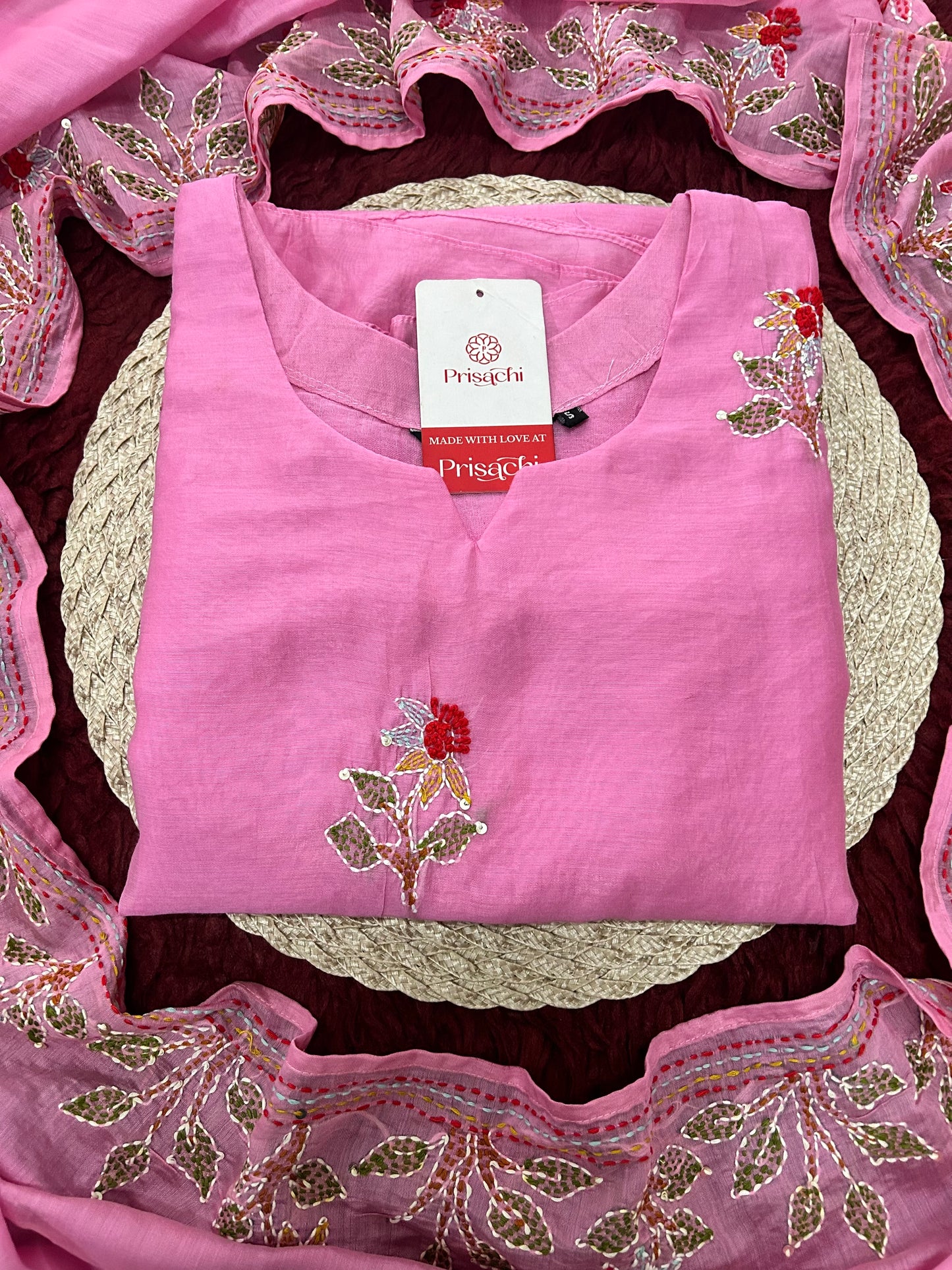 Pink Designer Ethnic A-Line Thread Embroidered Kurta Set with Dupatta and Pants