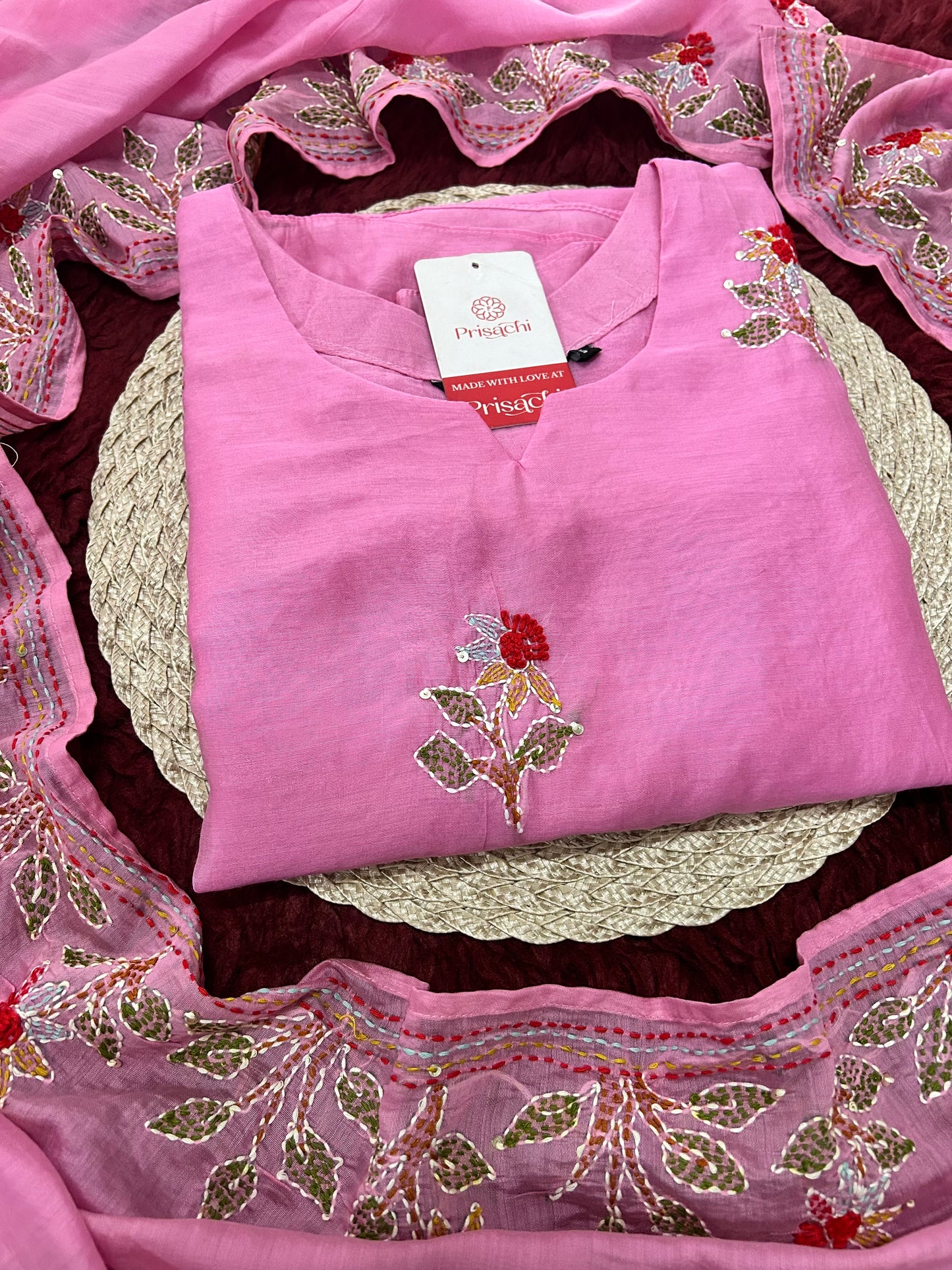 Pink Designer Ethnic A-Line Thread Embroidered Kurta Set with Dupatta and Pants