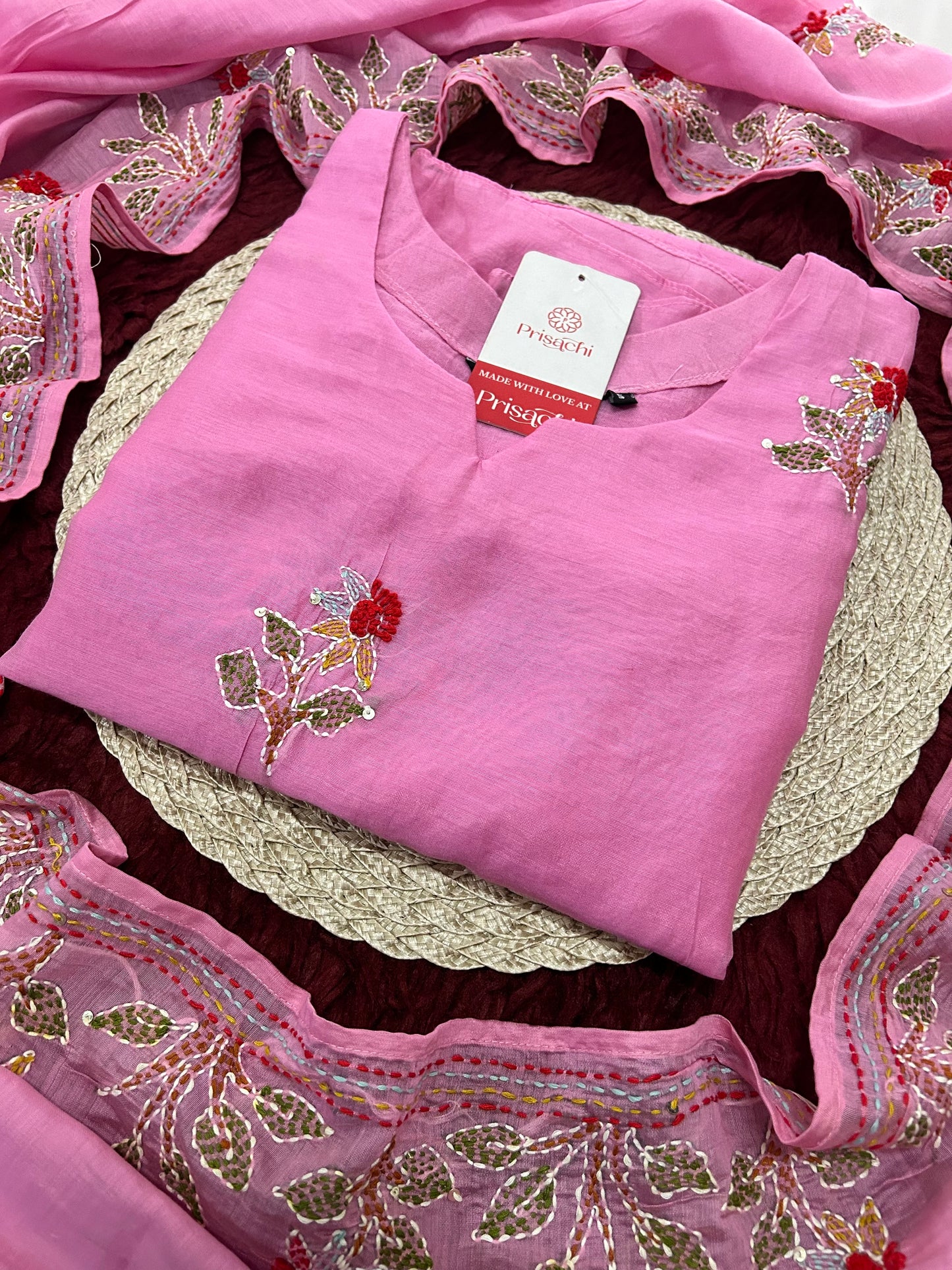 Pink Designer Ethnic A-Line Thread Embroidered Kurta Set with Dupatta and Pants