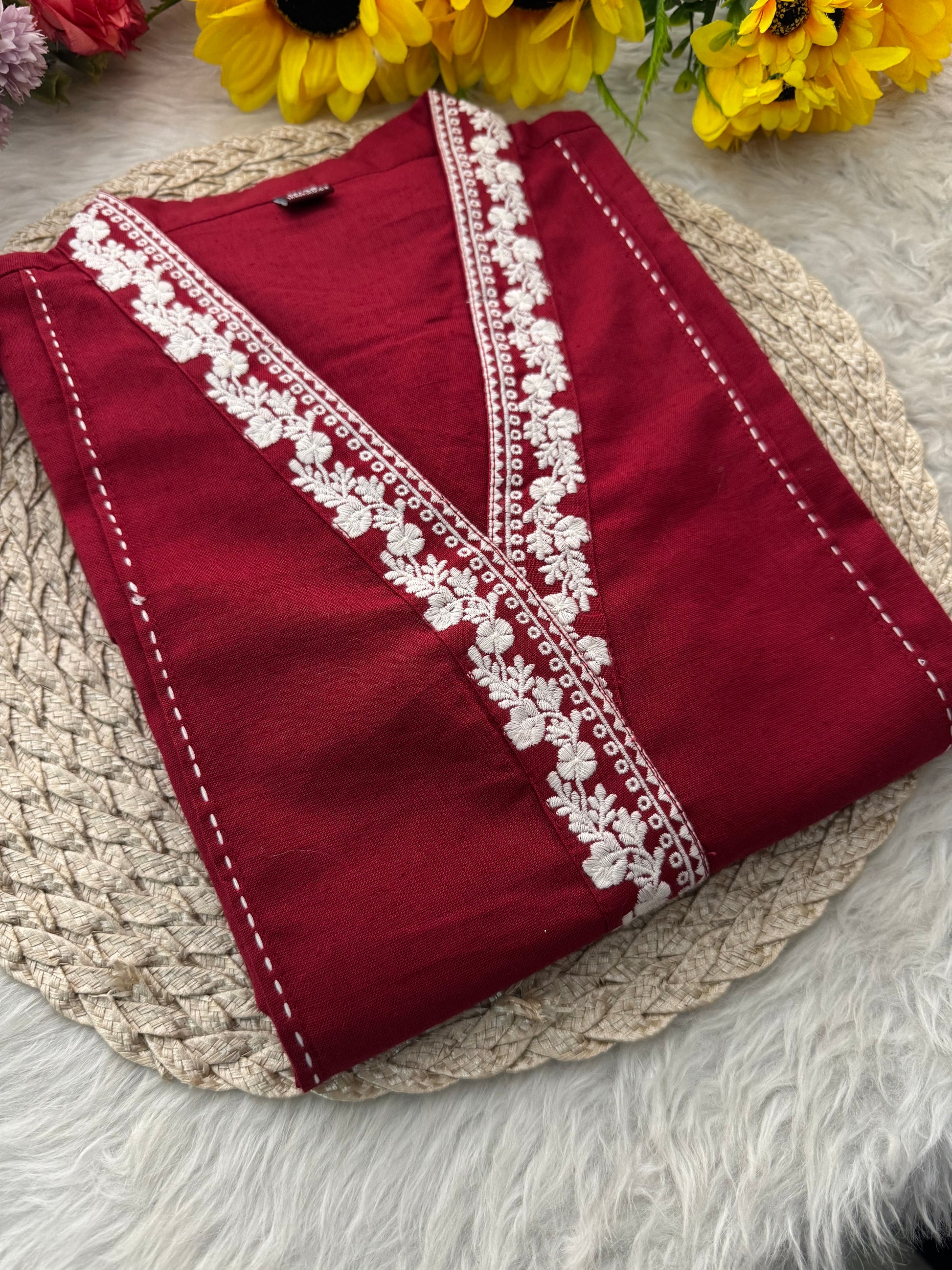 Red Short Straight Thread Embroidered Kurti for Women - Prisachi Official