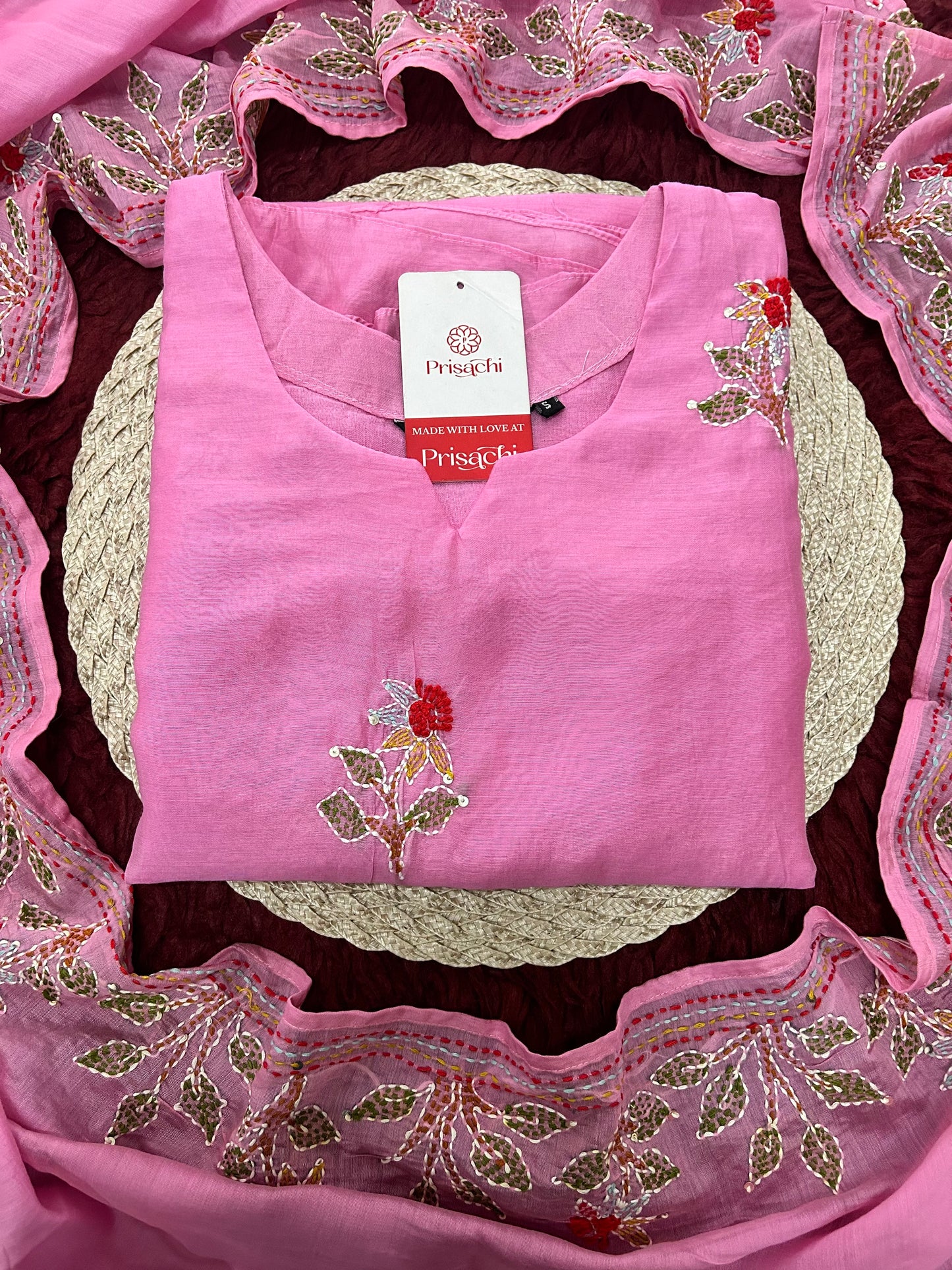 Pink Designer Ethnic A-Line Thread Embroidered Kurta Set with Dupatta and Pants