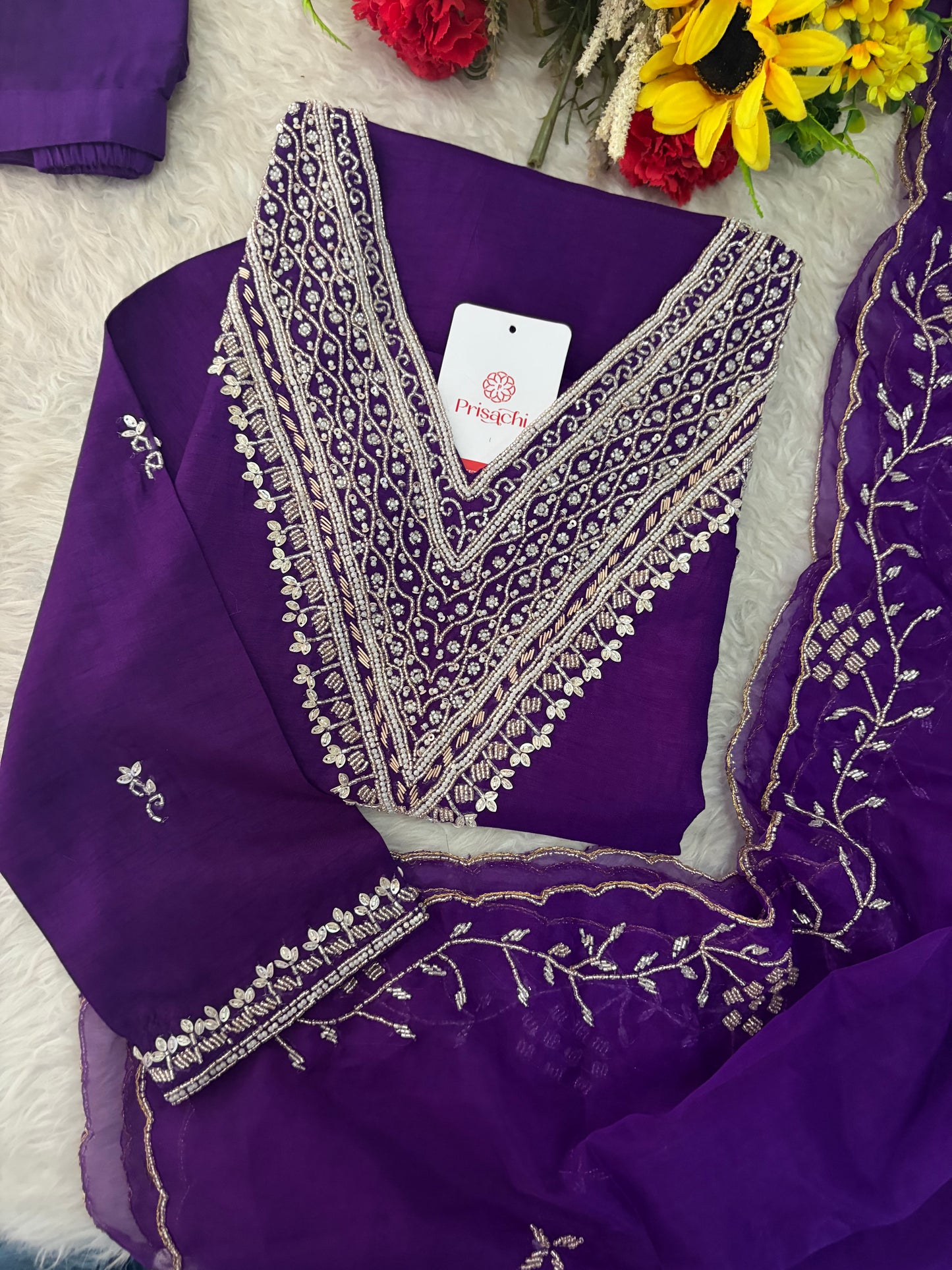 Purple Zardozi Embroidered Kurta Set for Women with Pants & Dupatta | Festive Ethnic wear