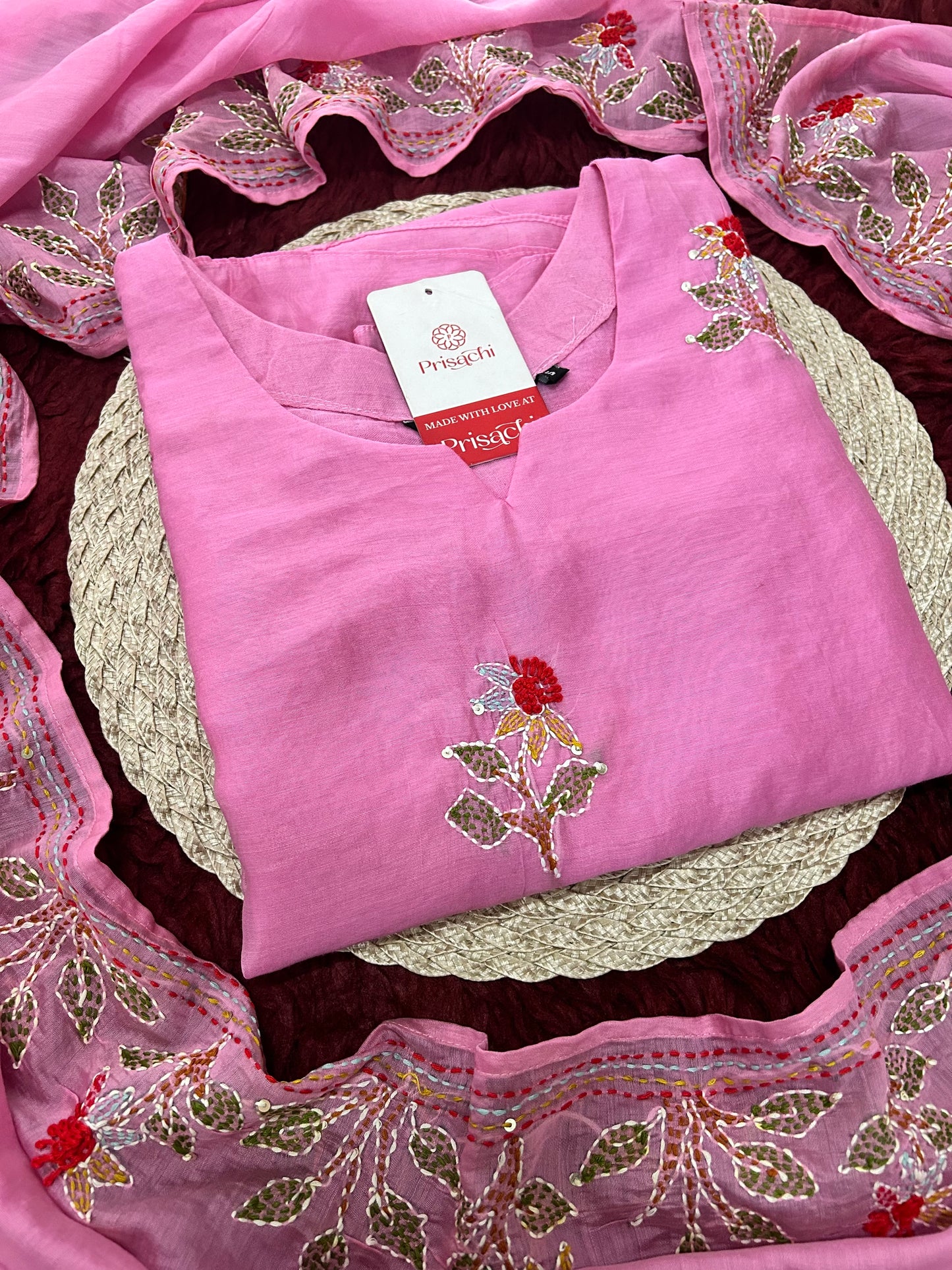 Pink Designer Ethnic A-Line Thread Embroidered Kurta Set with Dupatta and Pants