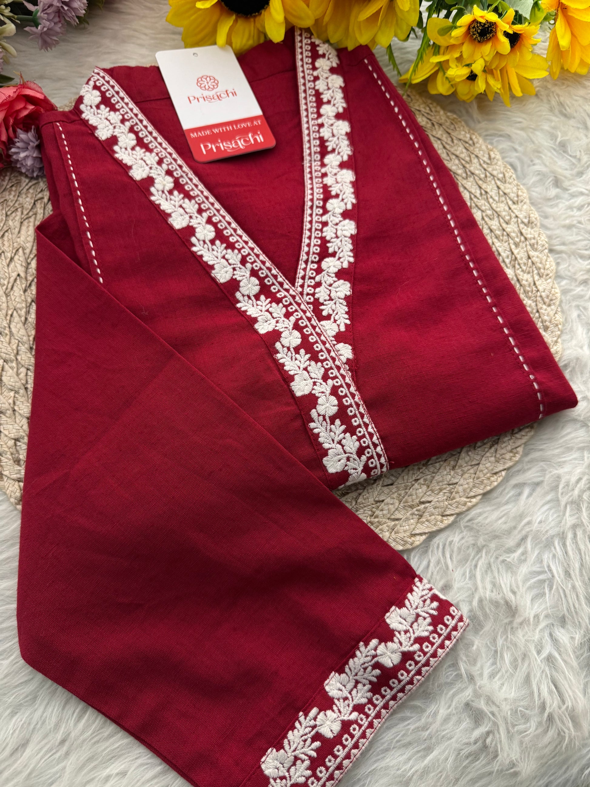 Red Short Straight Thread Embroidered Kurti for Women - Prisachi Official