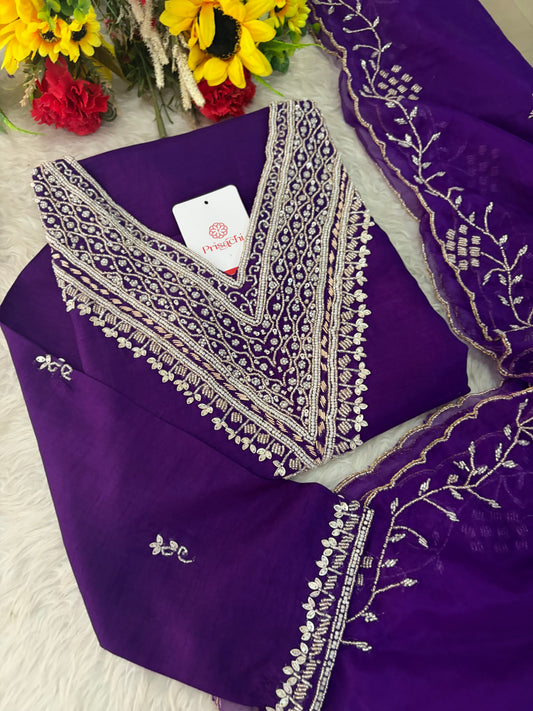 Purple Zardozi Embroidered Kurta Set for Women with Pants & Dupatta | Festive Ethnic wear