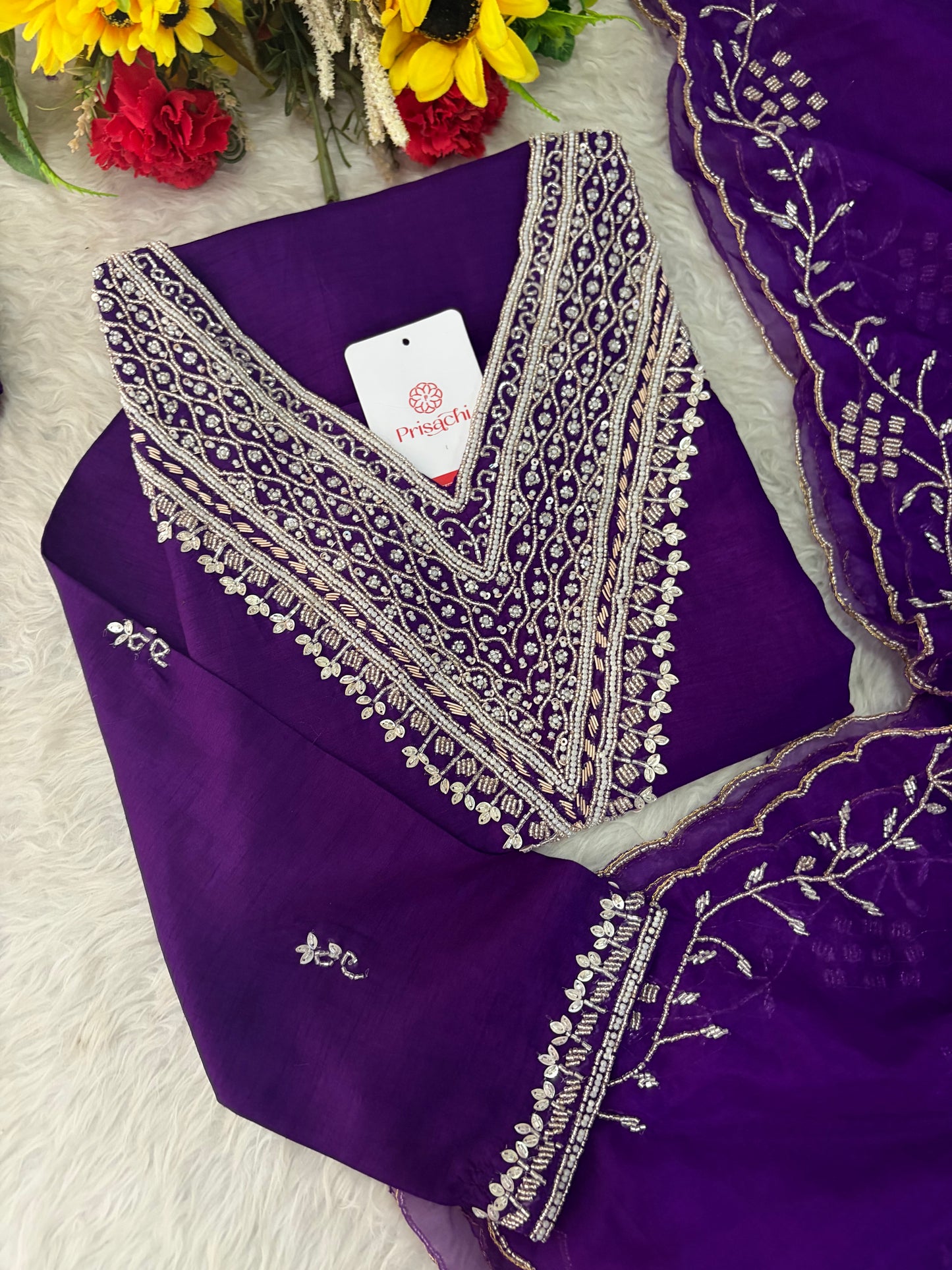 Purple Zardozi Embroidered Kurta Set for Women with Pants & Dupatta | Festive Ethnic wear