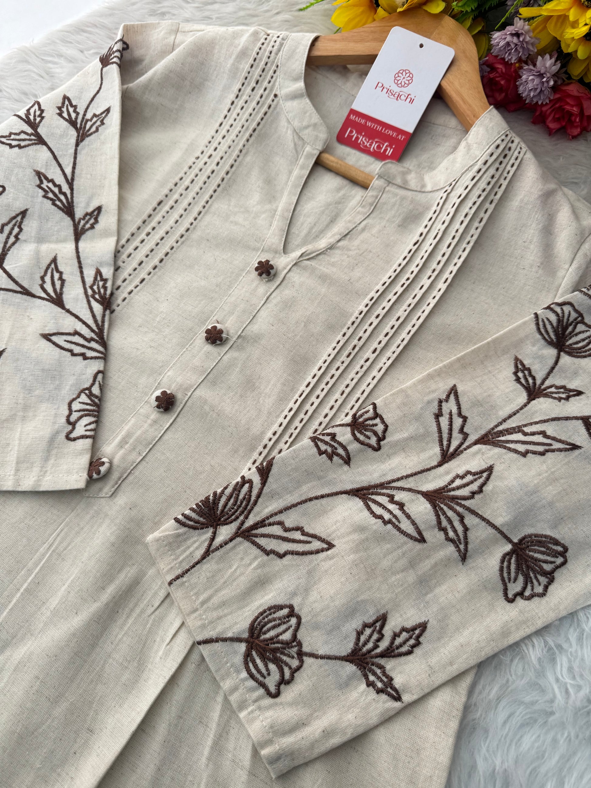 Off White Short Mandarin Collar Thread Embroidered Kurti for Women - Prisachi Official