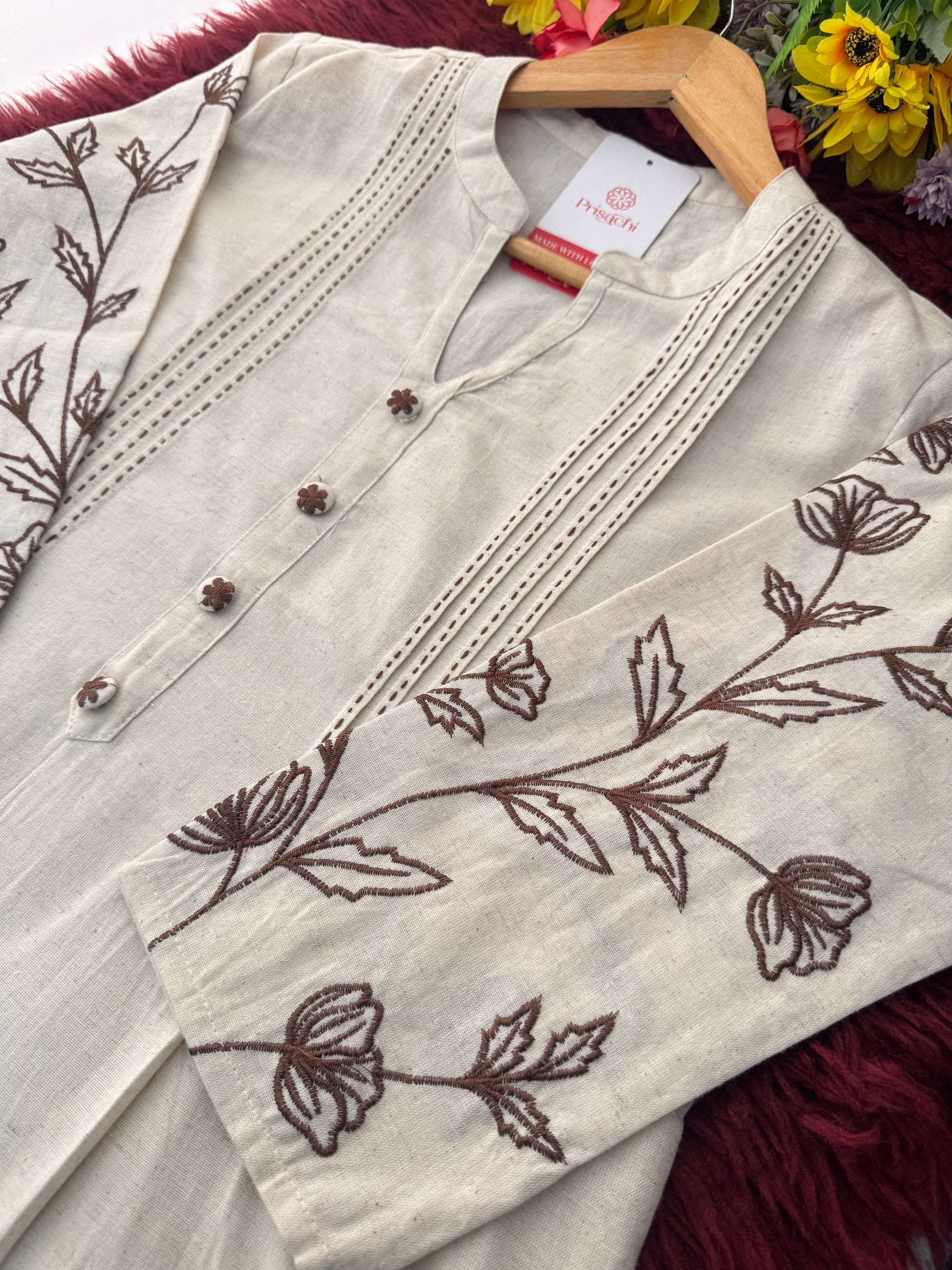 Off White Short Mandarin Collar Thread Embroidered Kurti for Women - Prisachi Official
