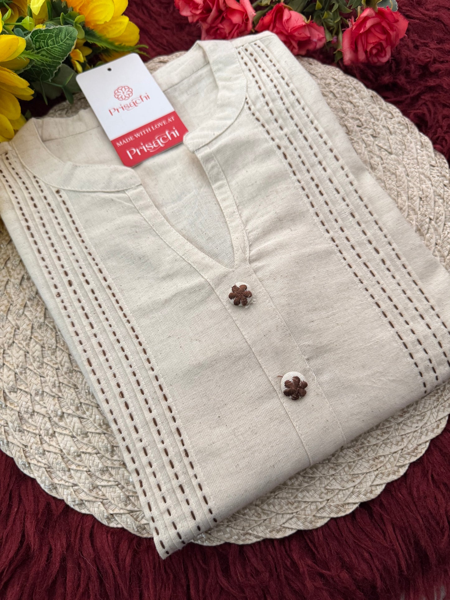 Off White Short Mandarin Collar Thread Embroidered Kurti for Women - Prisachi Official
